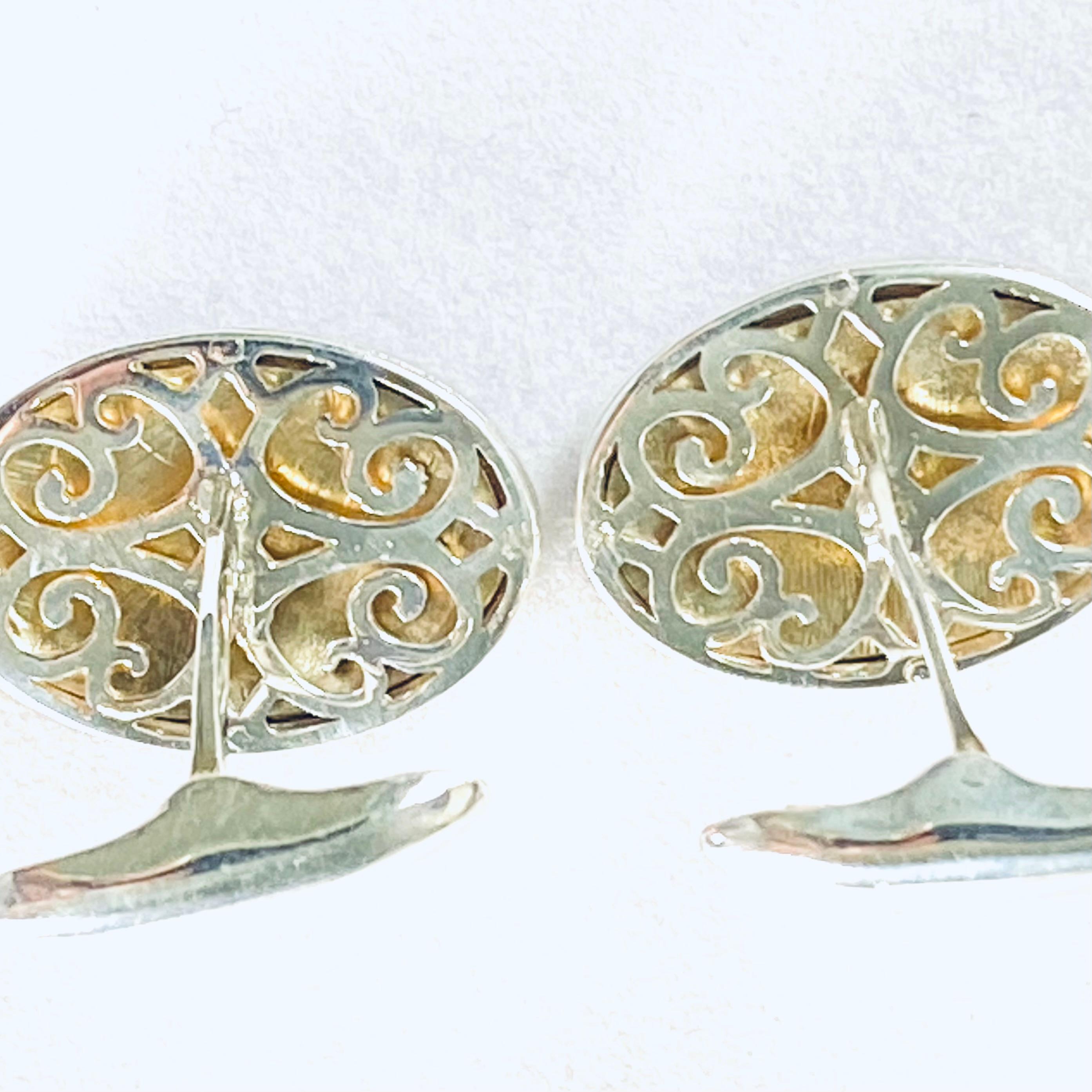 Elevate your style with these exquisite Vintage Imperial Fabergé Era Cufflinks, a remarkable piece of history that embodies the grandeur and elegance of the Russian Empire. These cufflinks are crafted from gilt sterling silver and beautifully