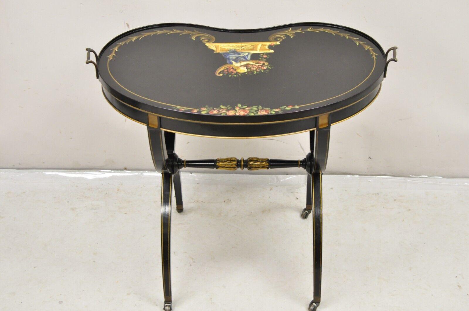 Vintage Imperial Furniture Regency Black Hand Painted Curule Kidney Side Table For Sale 5