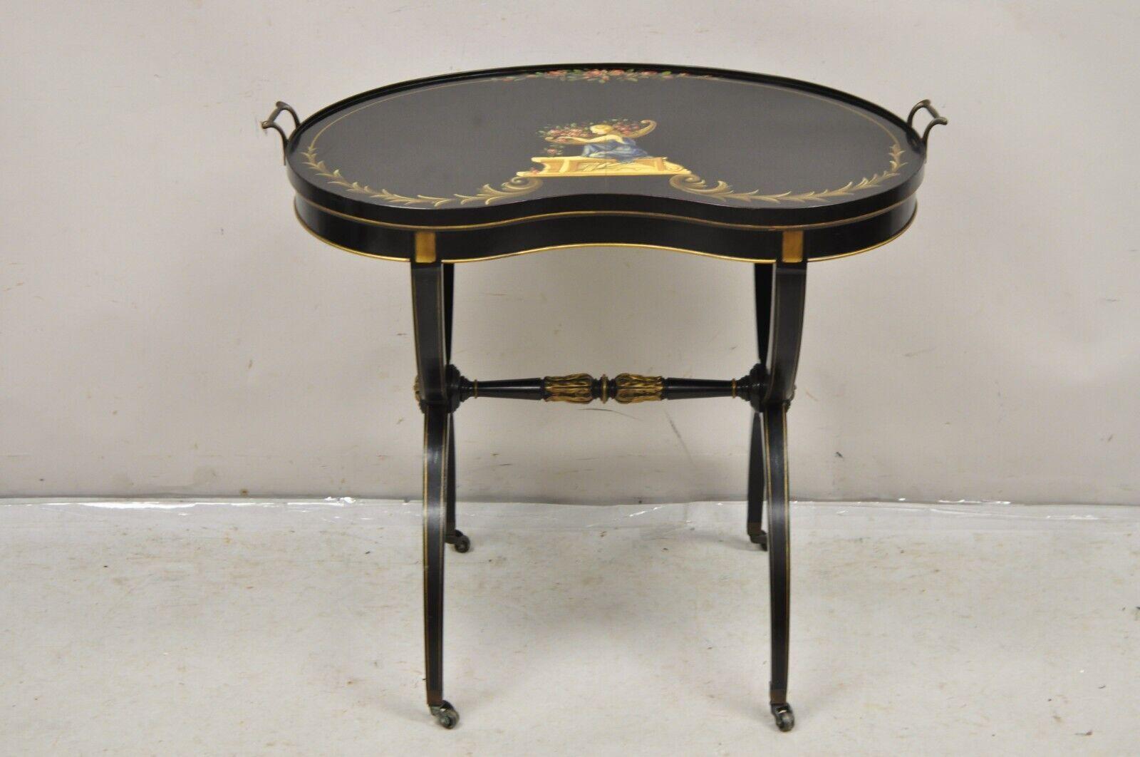 Vintage Imperial Furniture Regency Black Hand Painted Curule Kidney Side Table For Sale 6