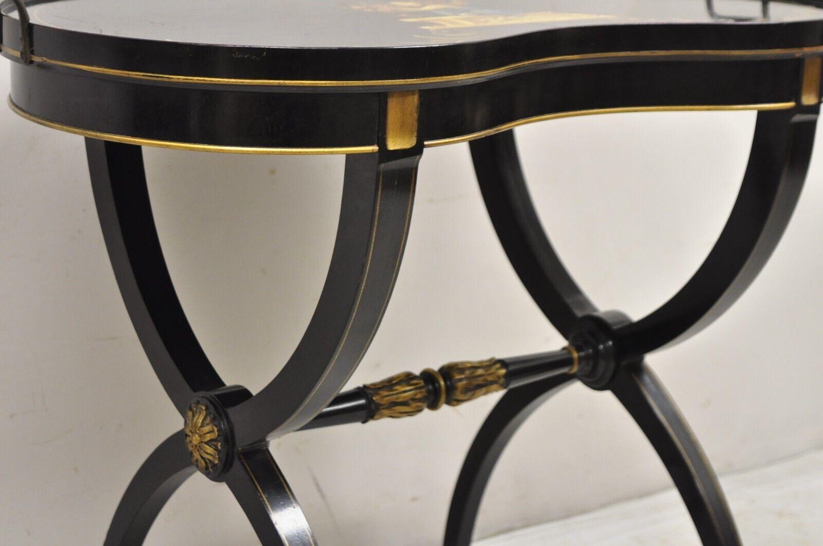 Wood Vintage Imperial Furniture Regency Black Hand Painted Curule Kidney Side Table For Sale