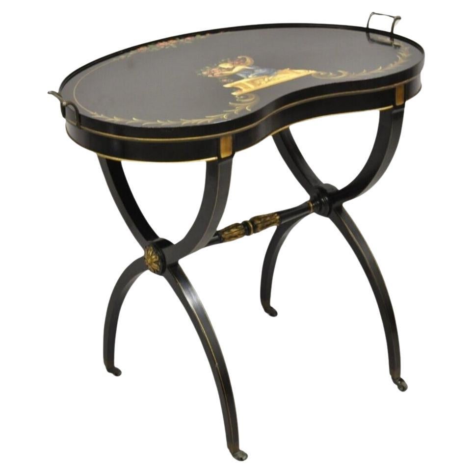 Vintage Imperial Furniture Regency Black Hand Painted Curule Kidney Side Table For Sale