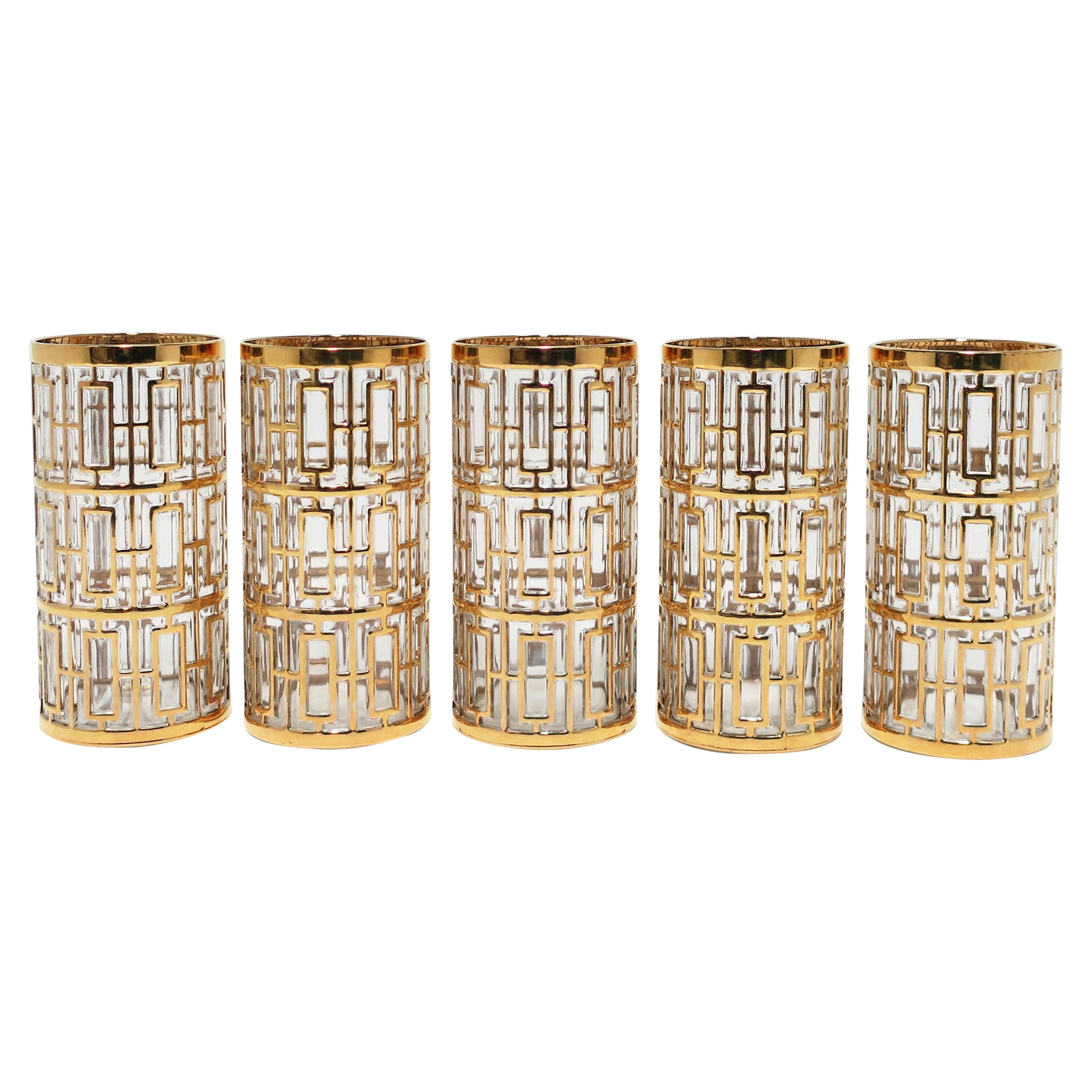 Vintage Imperial Glass Cocktail Highball Glasses 22-Karat Gold 1960s 'Set of 5'