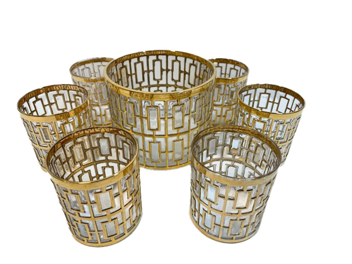 American Vintage Imperial Glass Co., Shoji Pattern Ice Bowl and 6 Rocks Glasses