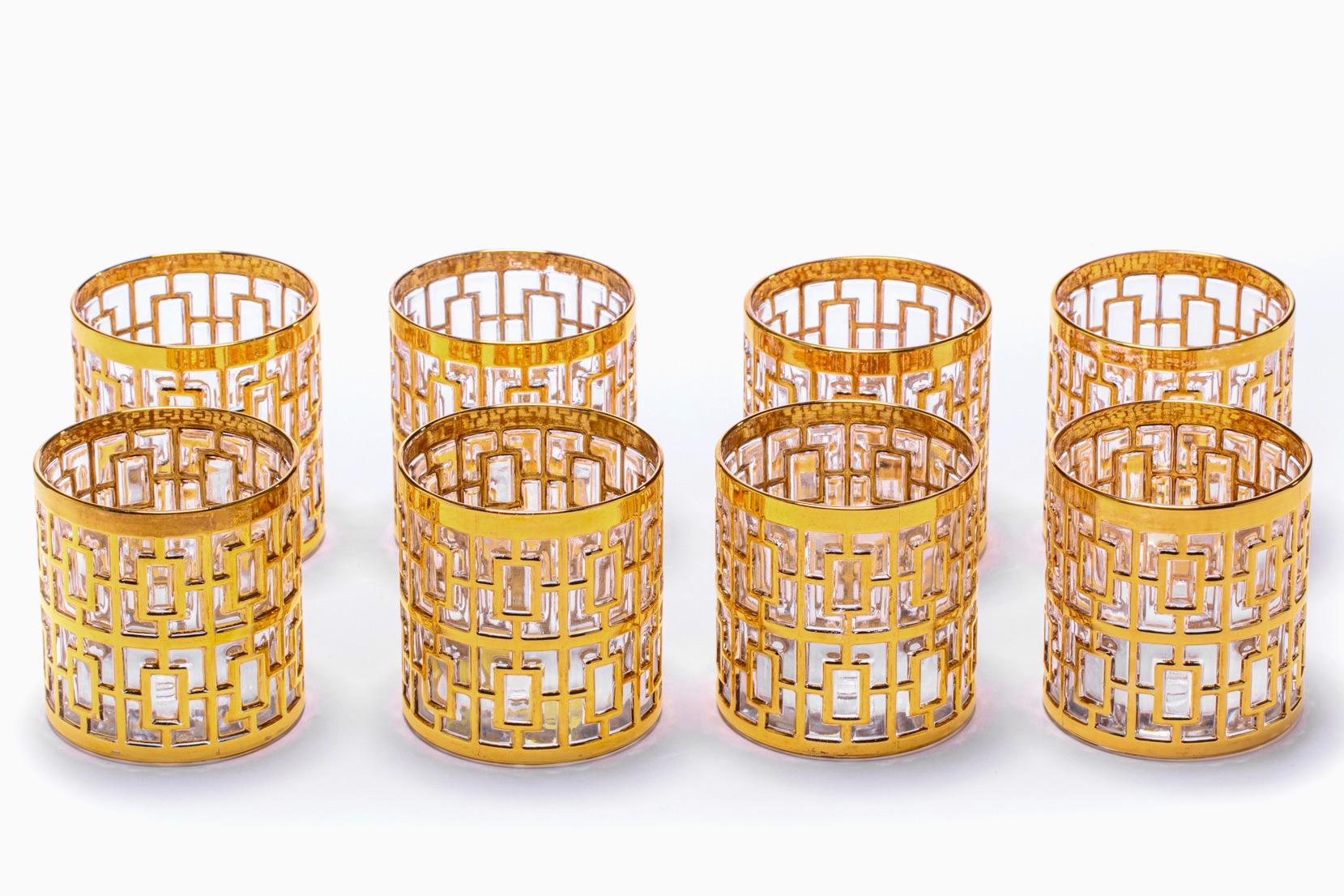 Mid-Century Modern Vintage Imperial Glass Co. Shoji Rocks Glasses 22-Karat Gold 1960s, Set of 8 For Sale