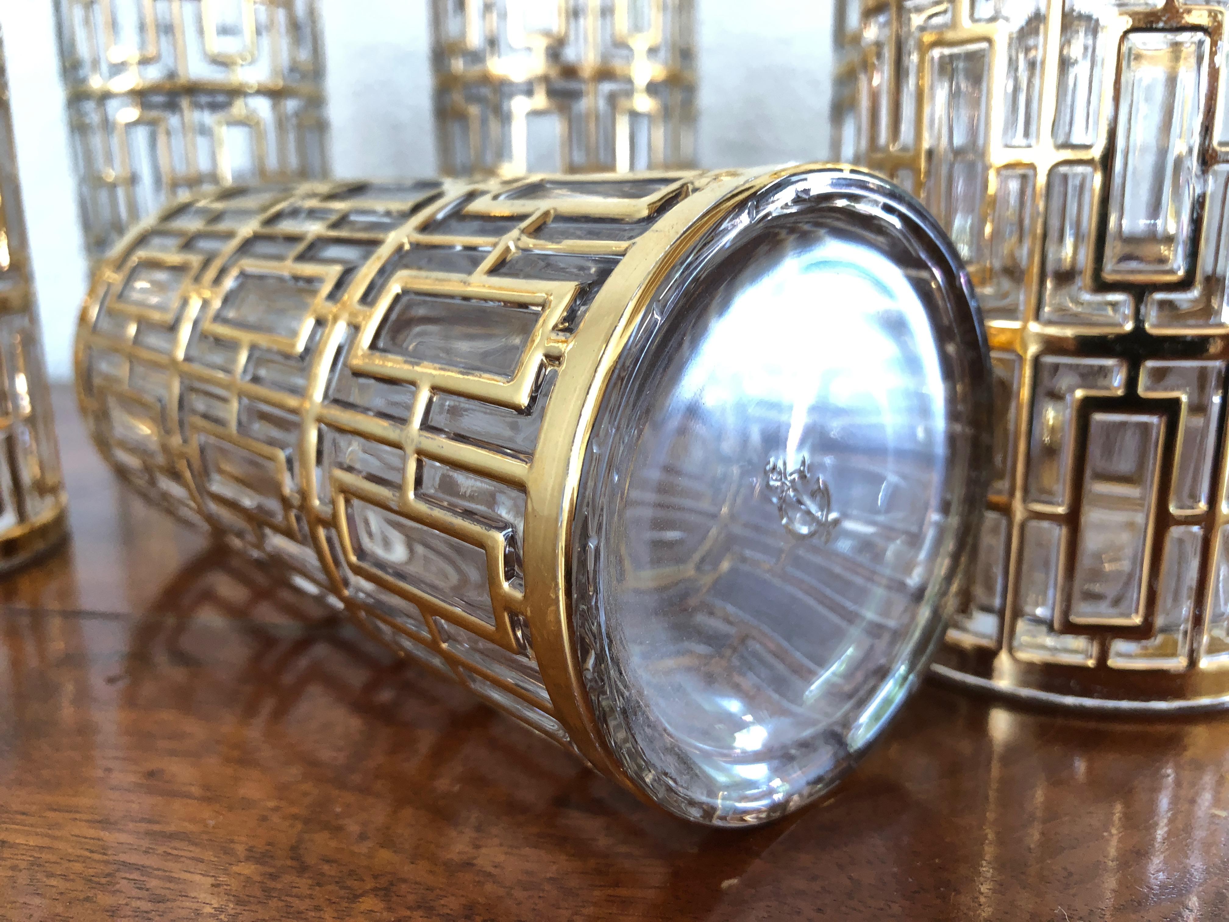 Mid-Century Modern Vintage Imperial Glass Golden Shoji Long Glasses Set Regency Hollywood, 1960s For Sale