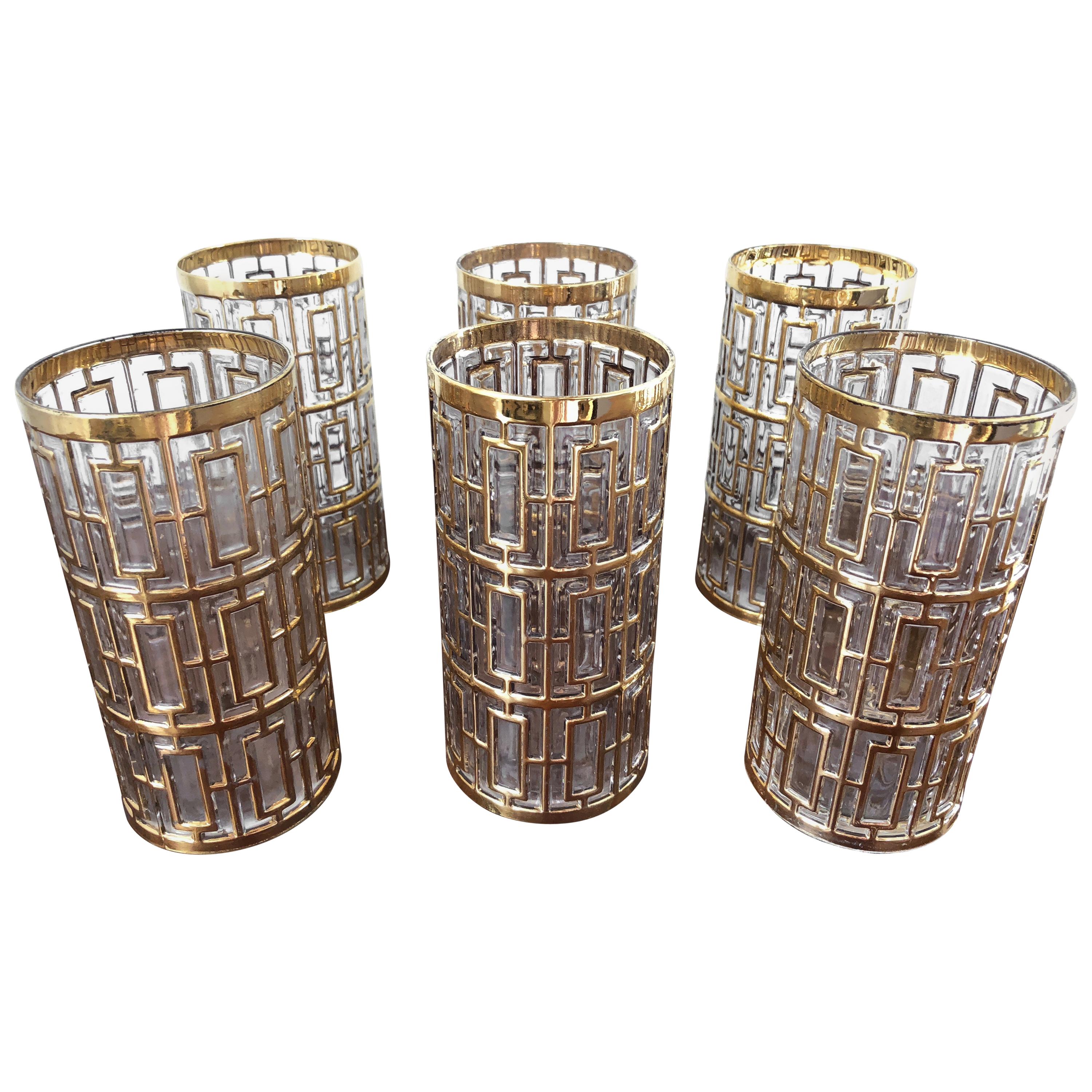 Juego de Vasos Largos Shoji Dorados de Cristal Imperial Vintage Regency Hollywood, Años 60