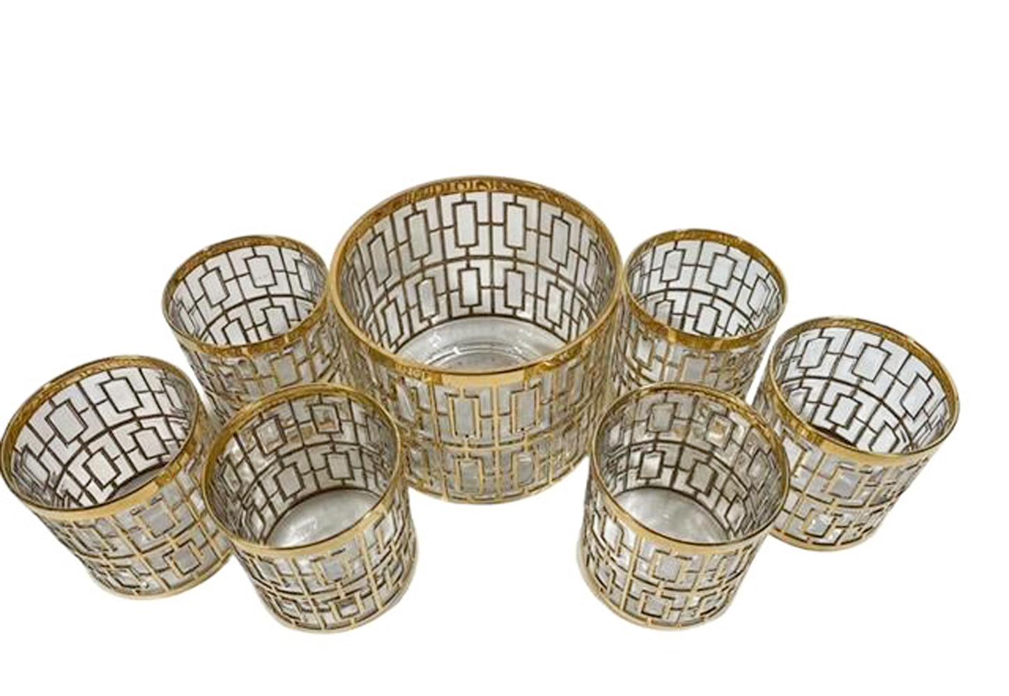 Set of six rocks glass and ice bowl by Imperial Glass Company in the 
