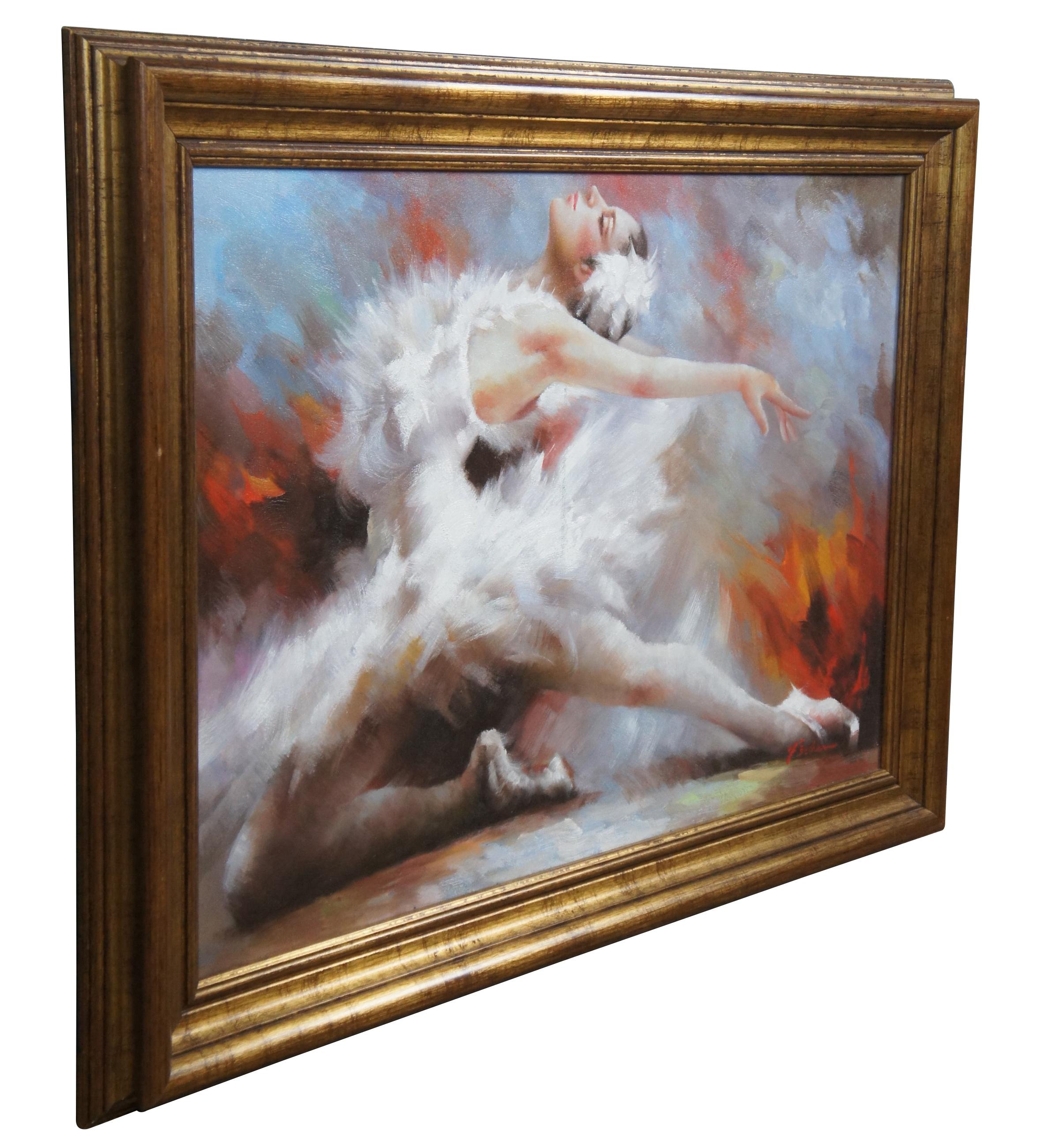 An impressionist style oil painting of a ballerina striking a pose. Signed lower right by Fisher. Framed in gold.

Dimensions

42