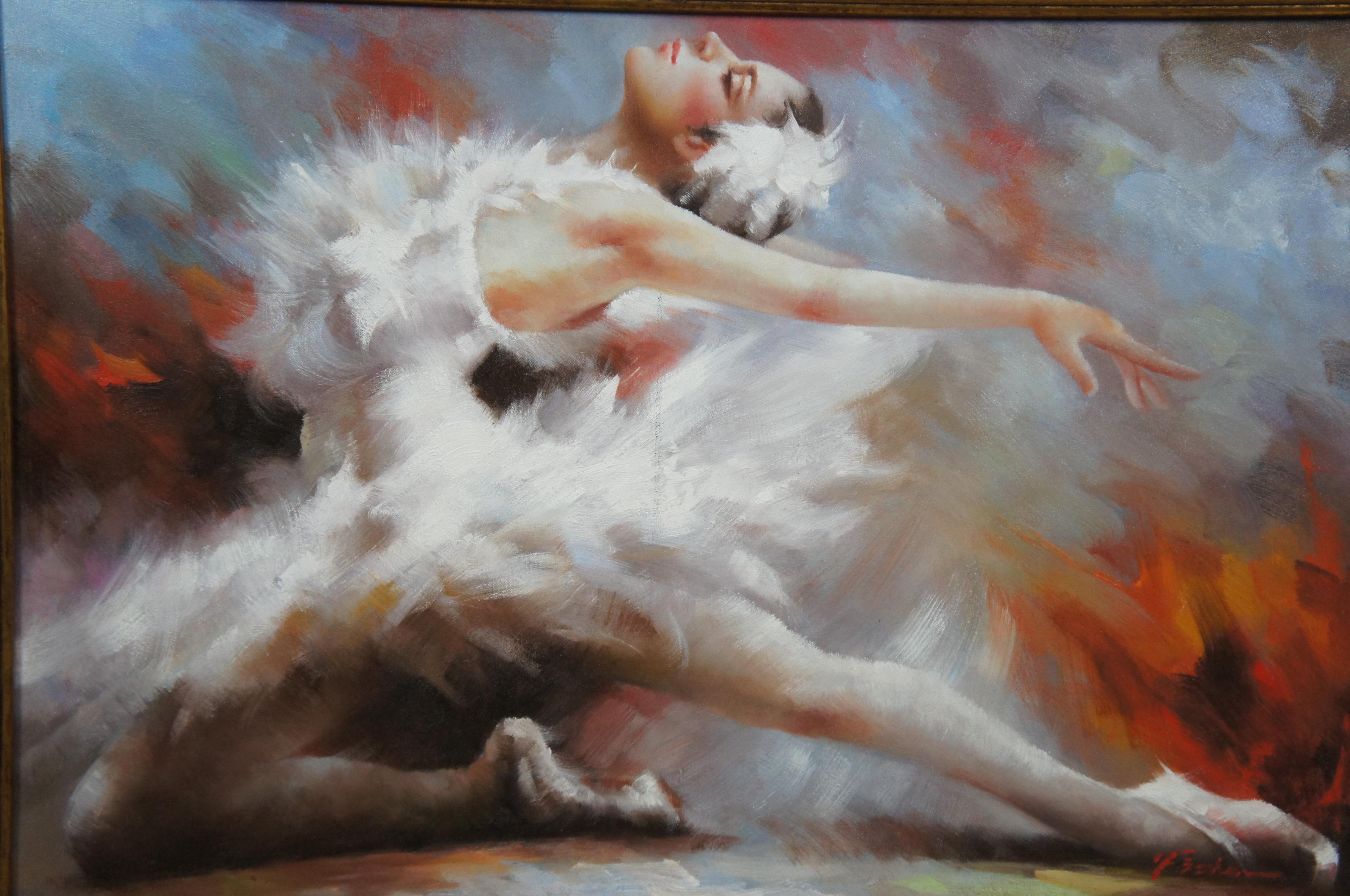 Moderne Portrait de ballerine impressionniste vintage, peinture à l'huile sur toile par Fisher en vente