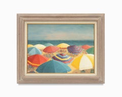 Vintage Impressionist Beach Scene "Umbrellas" Oil Painting by Helen Carmichael