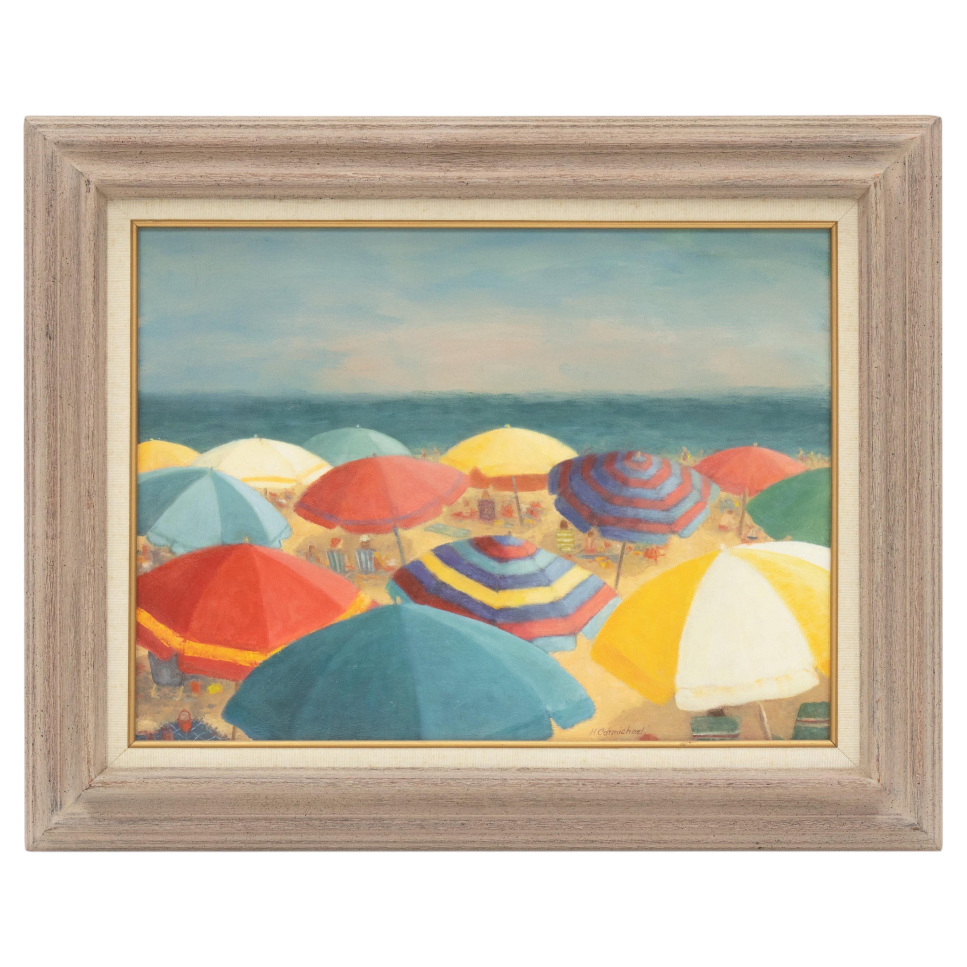 Vintage Impressionist Beach Scene "Umbrellas" Oil Painting by Helen Carmichael