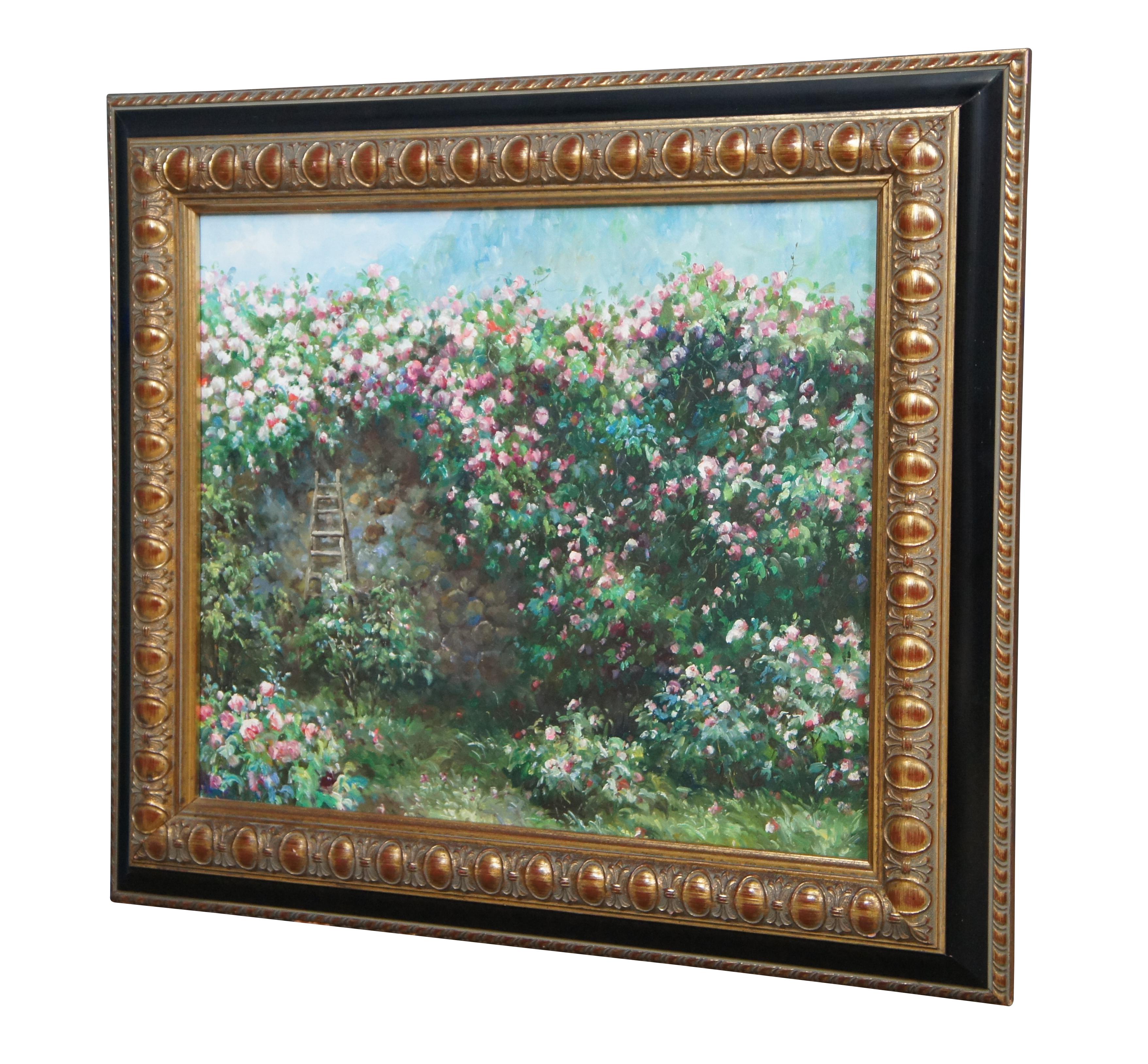 Vintage oil on canvas impressionist / expressionist style landscape painting, showing a stone garden wall with a ladder propped against it, thoroughly covered in pink roses.

Provenance:
Estate of J. Frederic Gagel, owner of multiple Thoroughbred