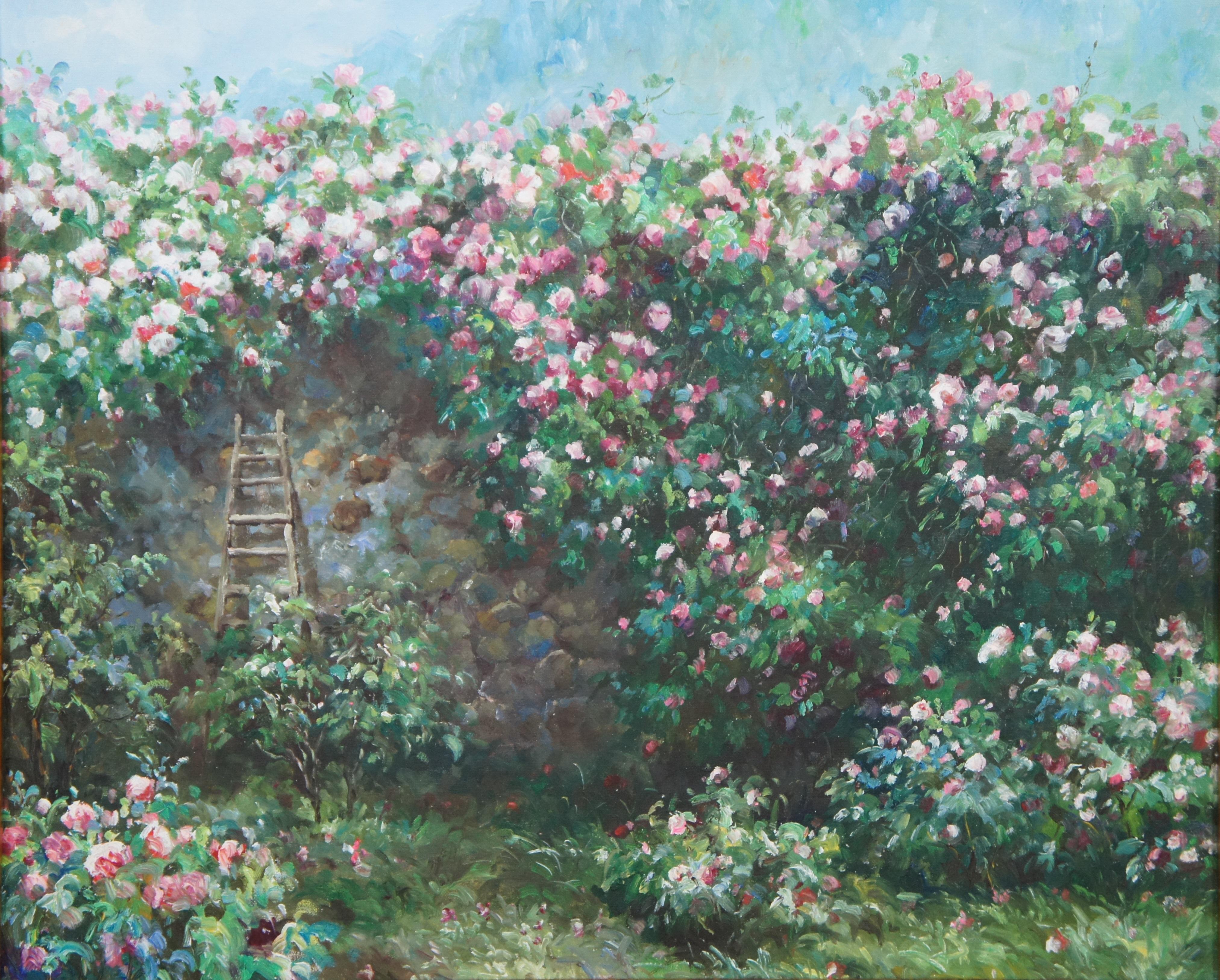 20th Century Vintage Impressionist Floral Rose Garden Wall Landscape Canvas Oil Painting