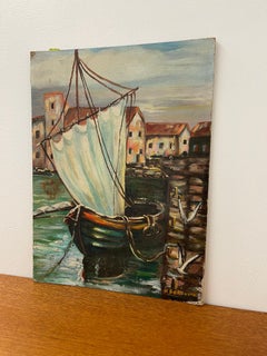 Vintage Impressionist Harbor Scene Painting on Canvas Board, Signed Ferguson.