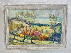 Vintage Impressionist Landscape Painting on Board with Trees, Framed, Mid-Centur