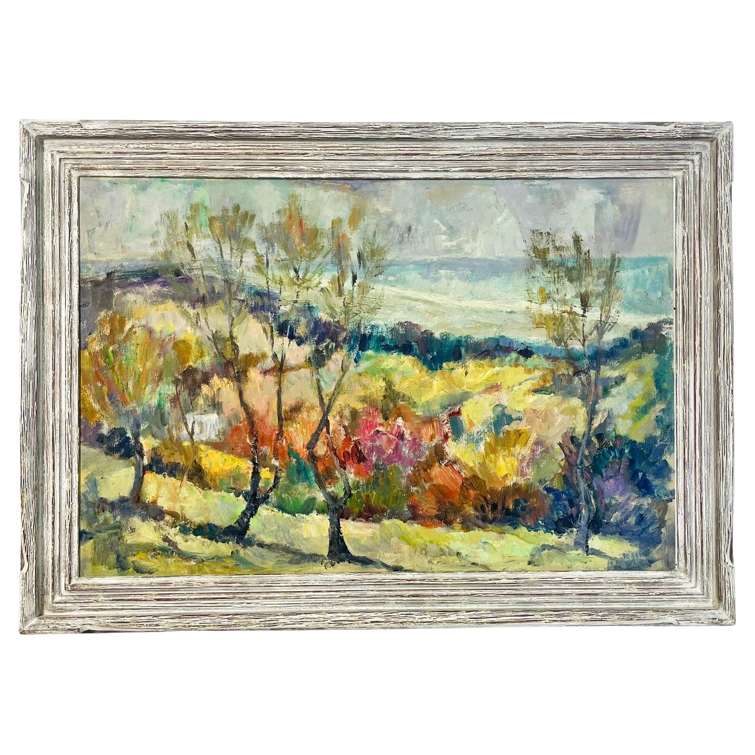 Vintage Impressionist Landschaft Gemälde auf Board mit Bäumen, gerahmt, Mitte-Zentrum