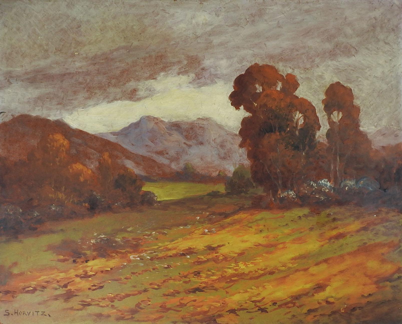 Vintage early 20th century Impressionist oil on masonite mountain valley landscape painting. Signed S. Horvitz lower left corner. Unframed, edge wear.