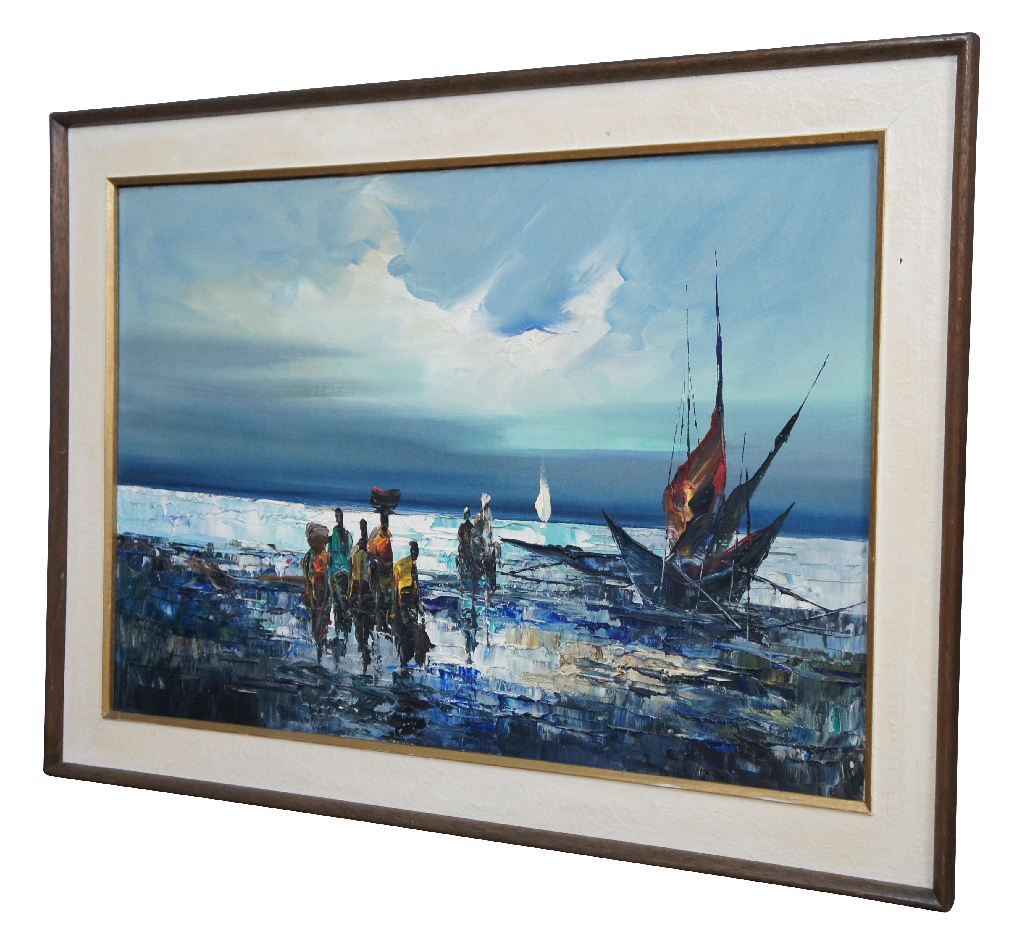 Vintage impressionist nautical / maritime / seascape oil painting on canvas showing African figures in bright clothing, with bundles on their heads, walking through the waves from a small sailboat / boat. Signed lower right.

Provenance:
Estate