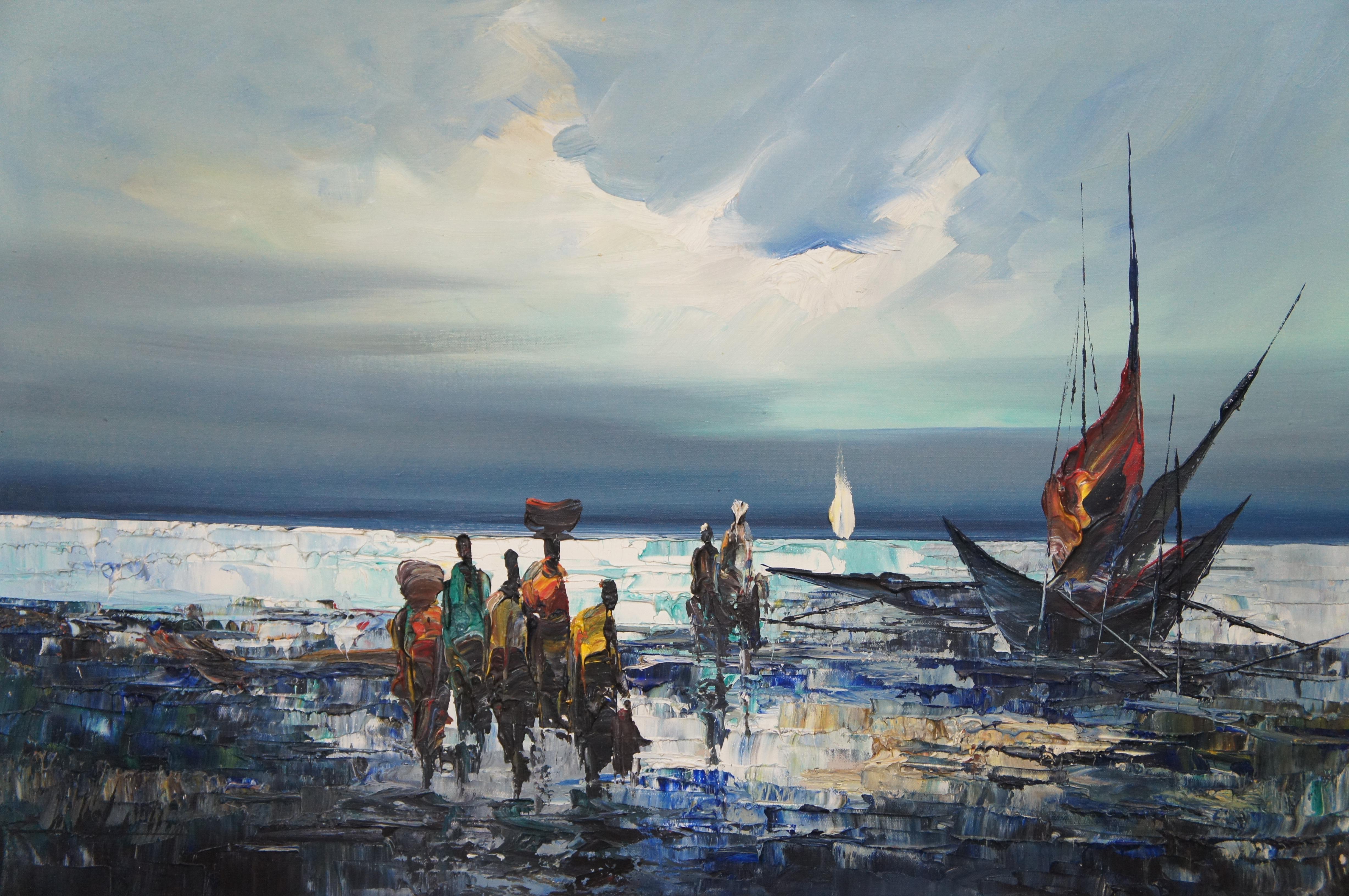 Vintage Impressionist Nautical Maritime Seascape Oil Painting on Canvas For Sale 1