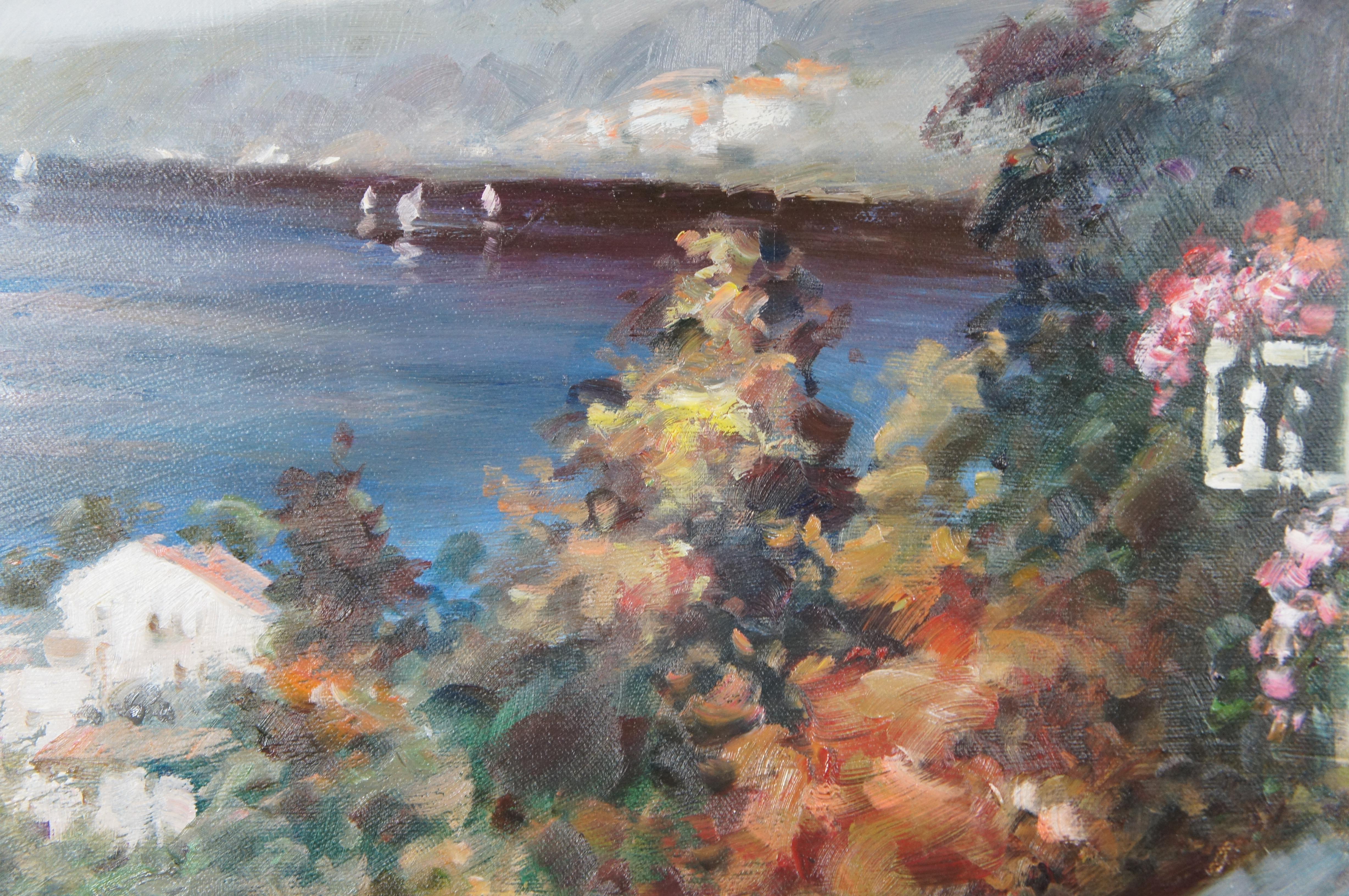 Vintage Impressionist Oil Painting on Canvas Sea View Harbor Homes Tuscany 43