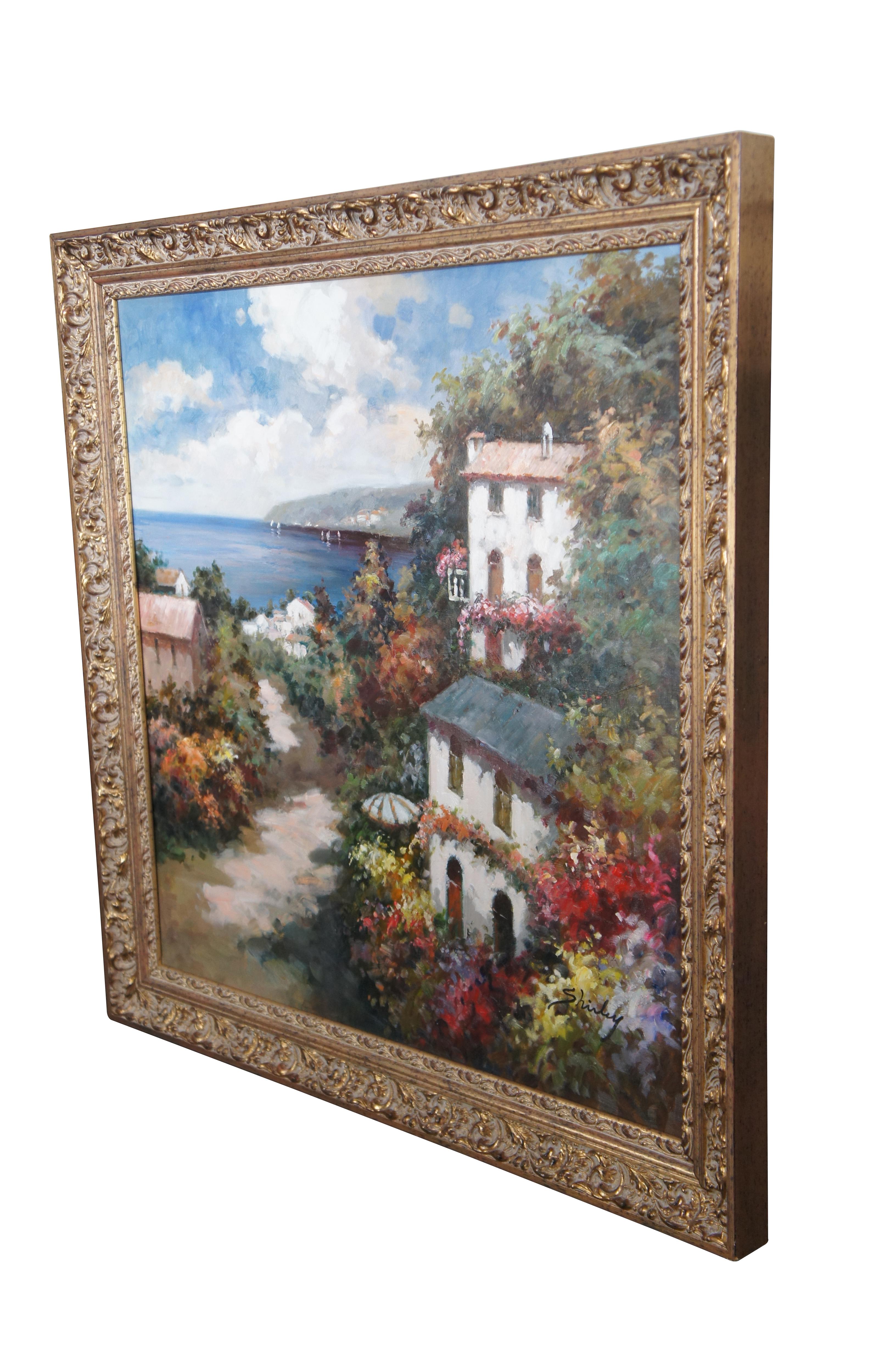 Vintage Impressionist Oil Painting on Canvas Sea View Harbor Homes Tuscany 43