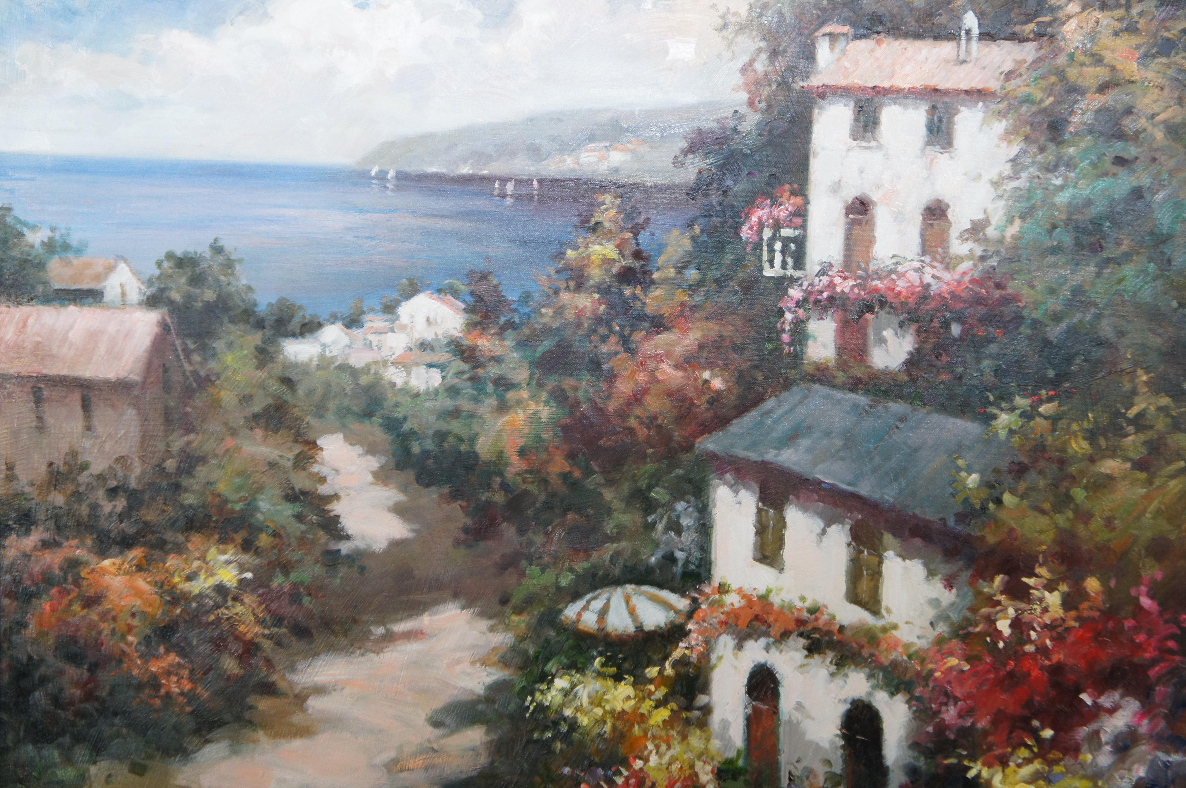 20th Century Vintage Impressionist Oil Painting on Canvas Sea View Harbor Homes Tuscany 43