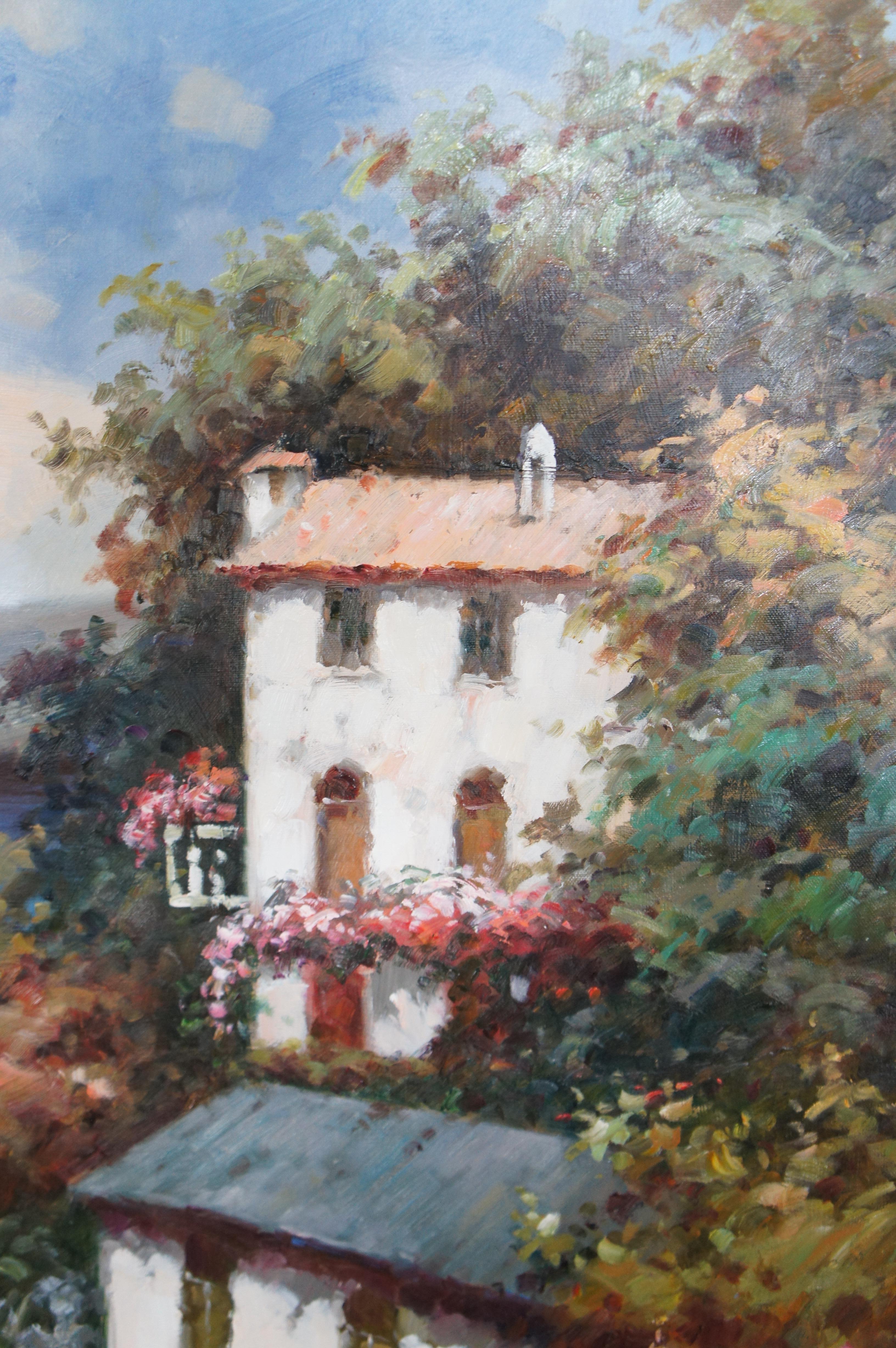 Vintage Impressionist Oil Painting on Canvas Sea View Harbor Homes Tuscany 43