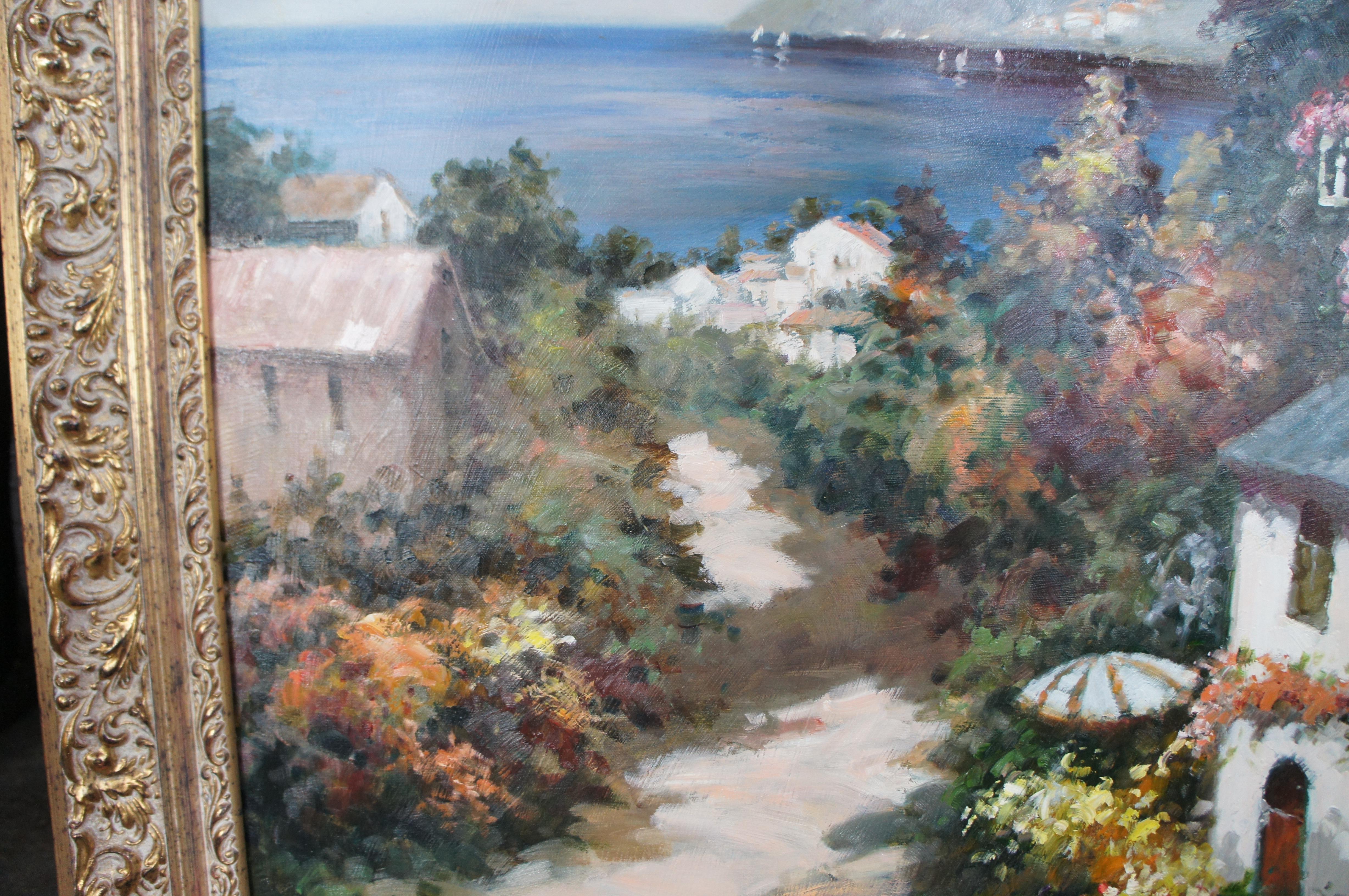 Vintage Impressionist Oil Painting on Canvas Sea View Harbor Homes Tuscany 43