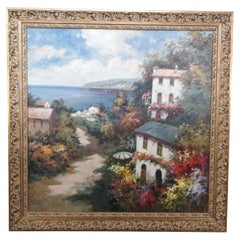 Vintage Impressionist Oil Painting on Canvas Sea View Harbor Homes Tuscany 43"