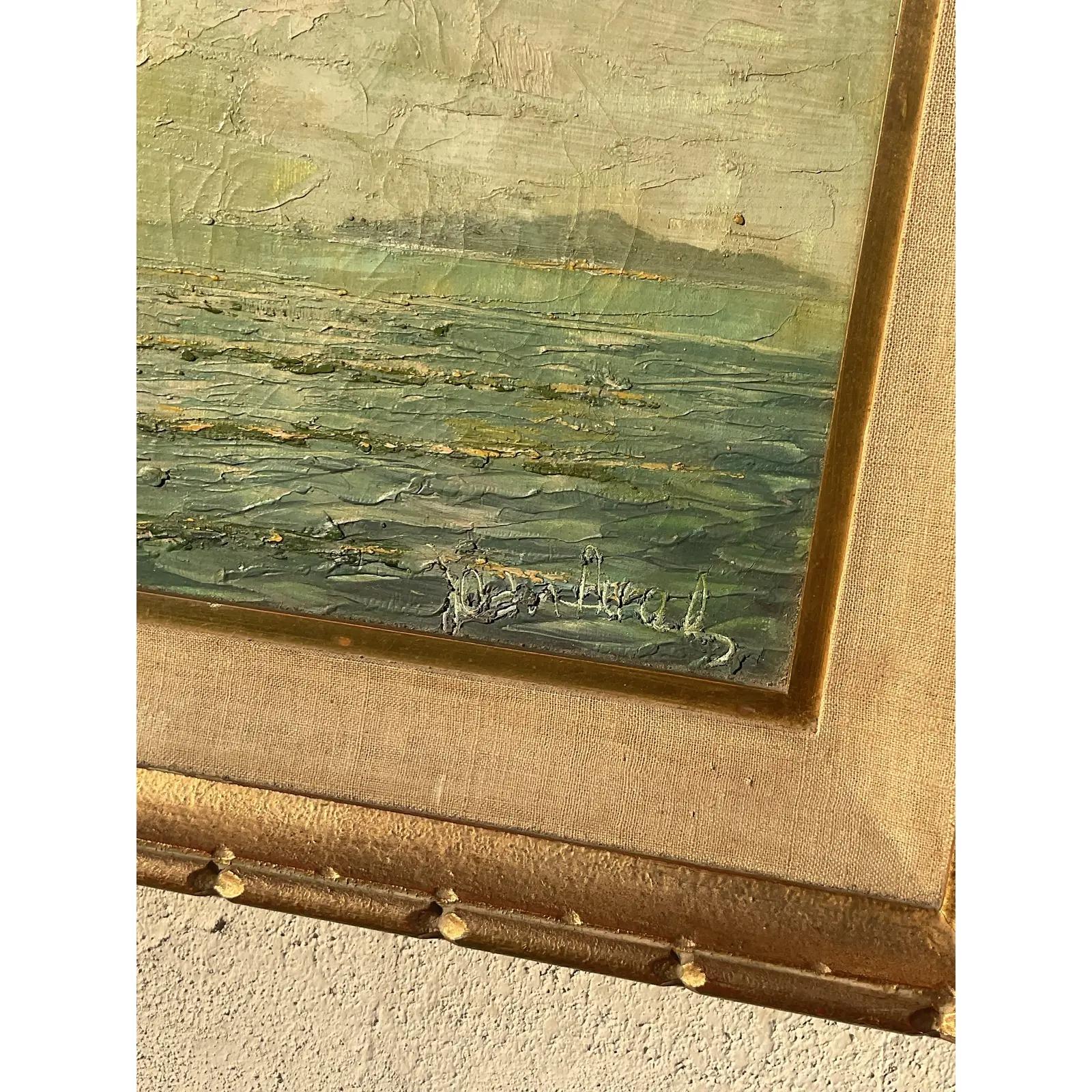 A fabulous vintage coastal original oil painting on canvas. A chic monumental sailboat in deep muted colors. Signed by the artist. Acquired from a Palm Beach estate.

The painting is in great vintage condition. Minor scuffs and blemishes