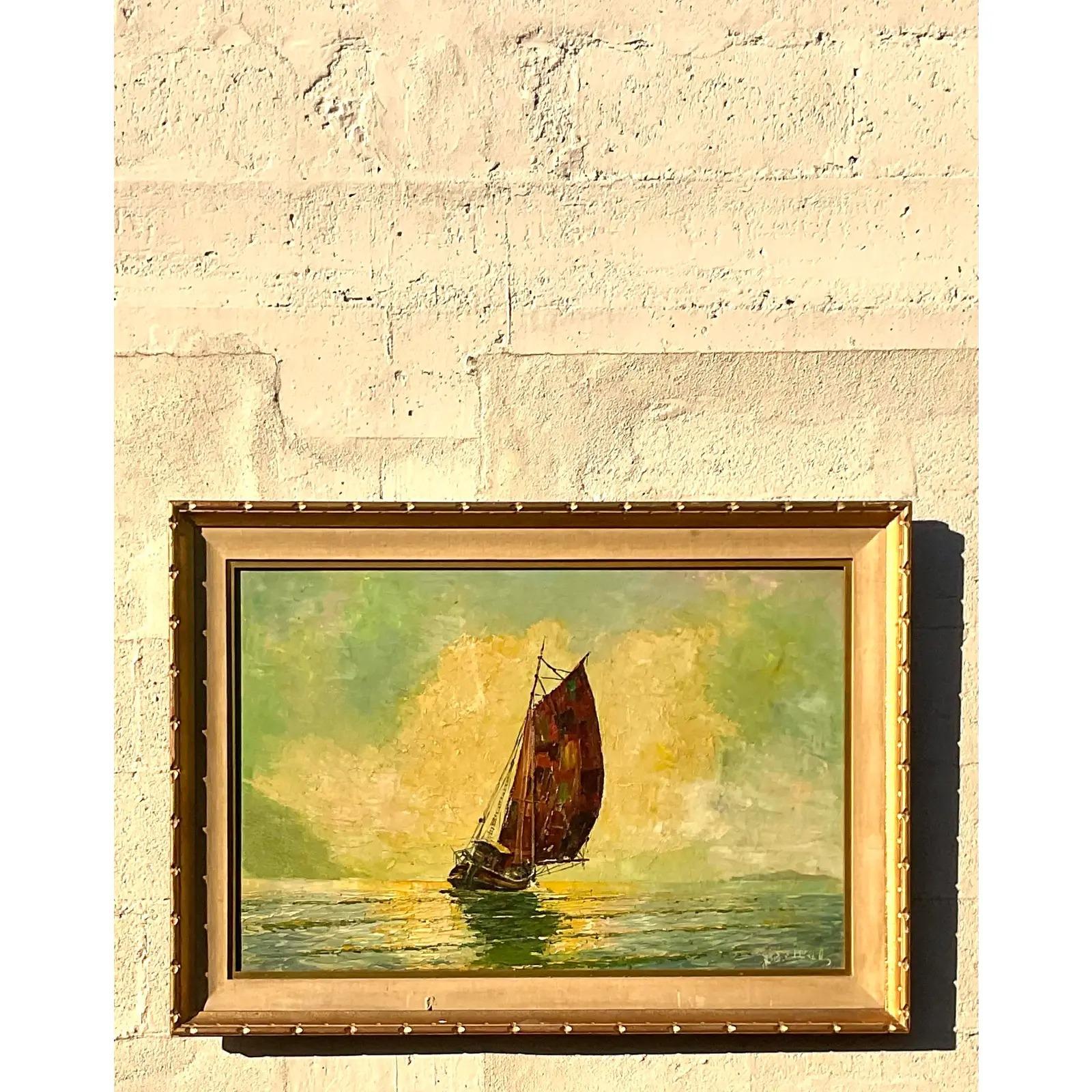 Vintage Impressionist Original Oil Painting of Sailboat Signed In Good Condition In west palm beach, FL