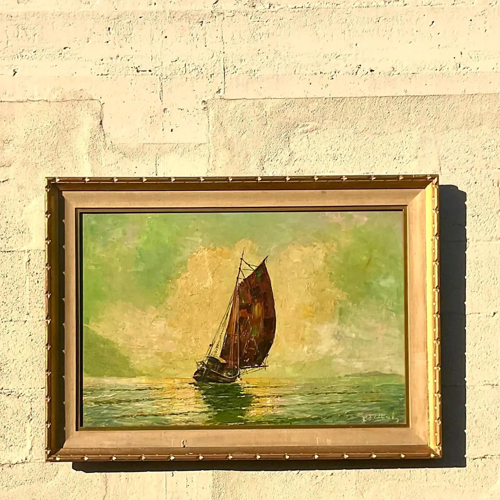 20th Century Vintage Impressionist Original Oil Painting of Sailboat Signed