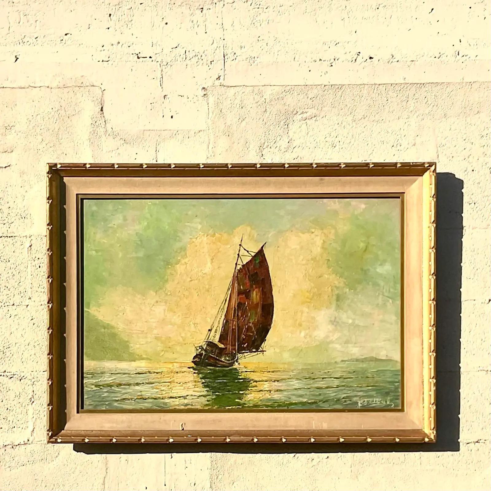 Canvas Vintage Impressionist Original Oil Painting of Sailboat Signed