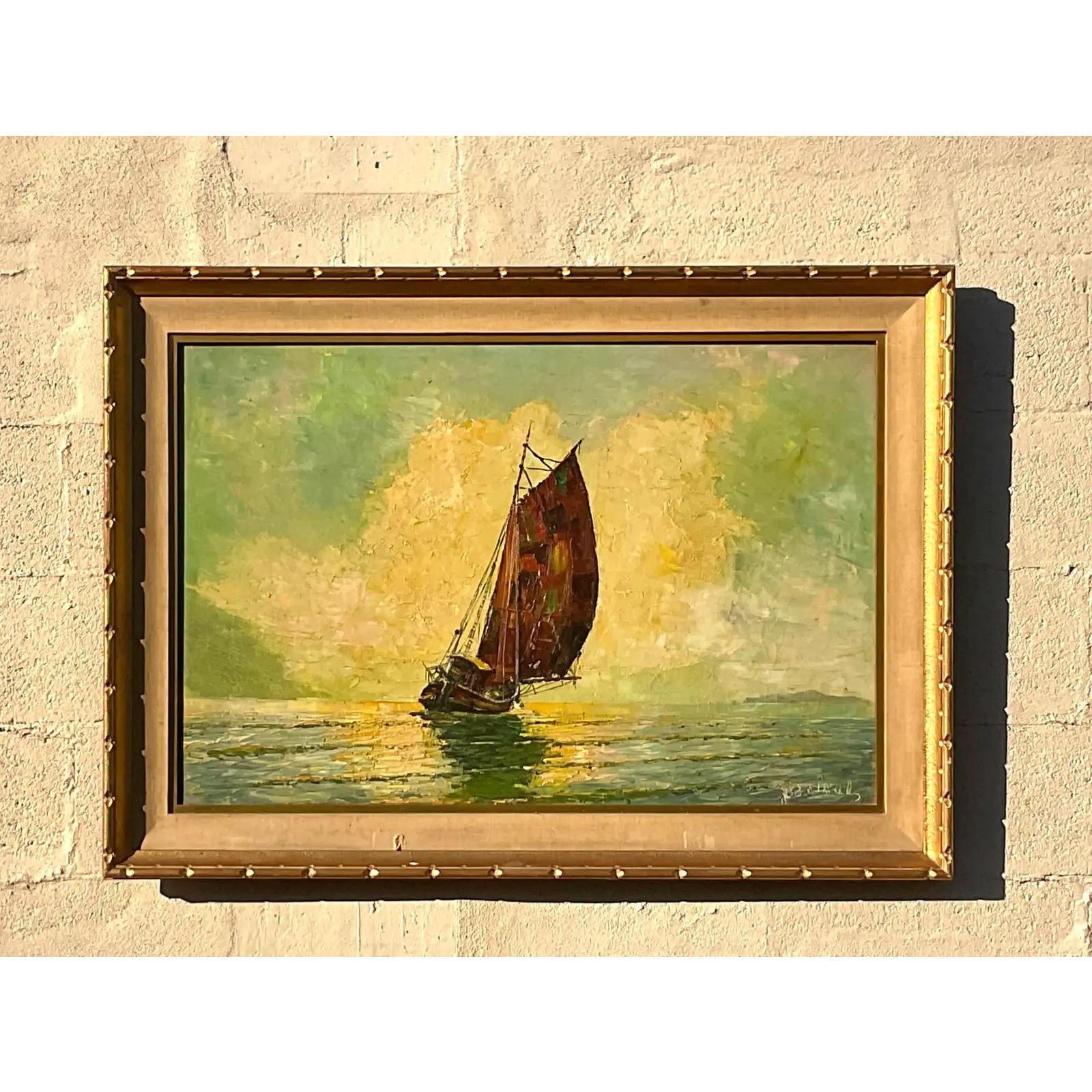 Vintage Impressionist Original Oil Painting of Sailboat Signed 1