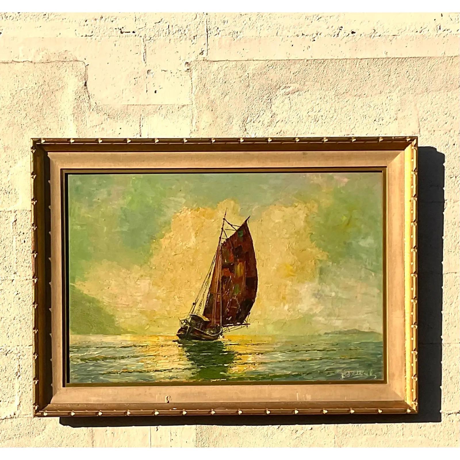 Vintage Impressionist Original Oil Painting of Sailboat Signed 2