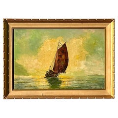 Vintage Impressionist Original Oil Painting of Sailboat Signed