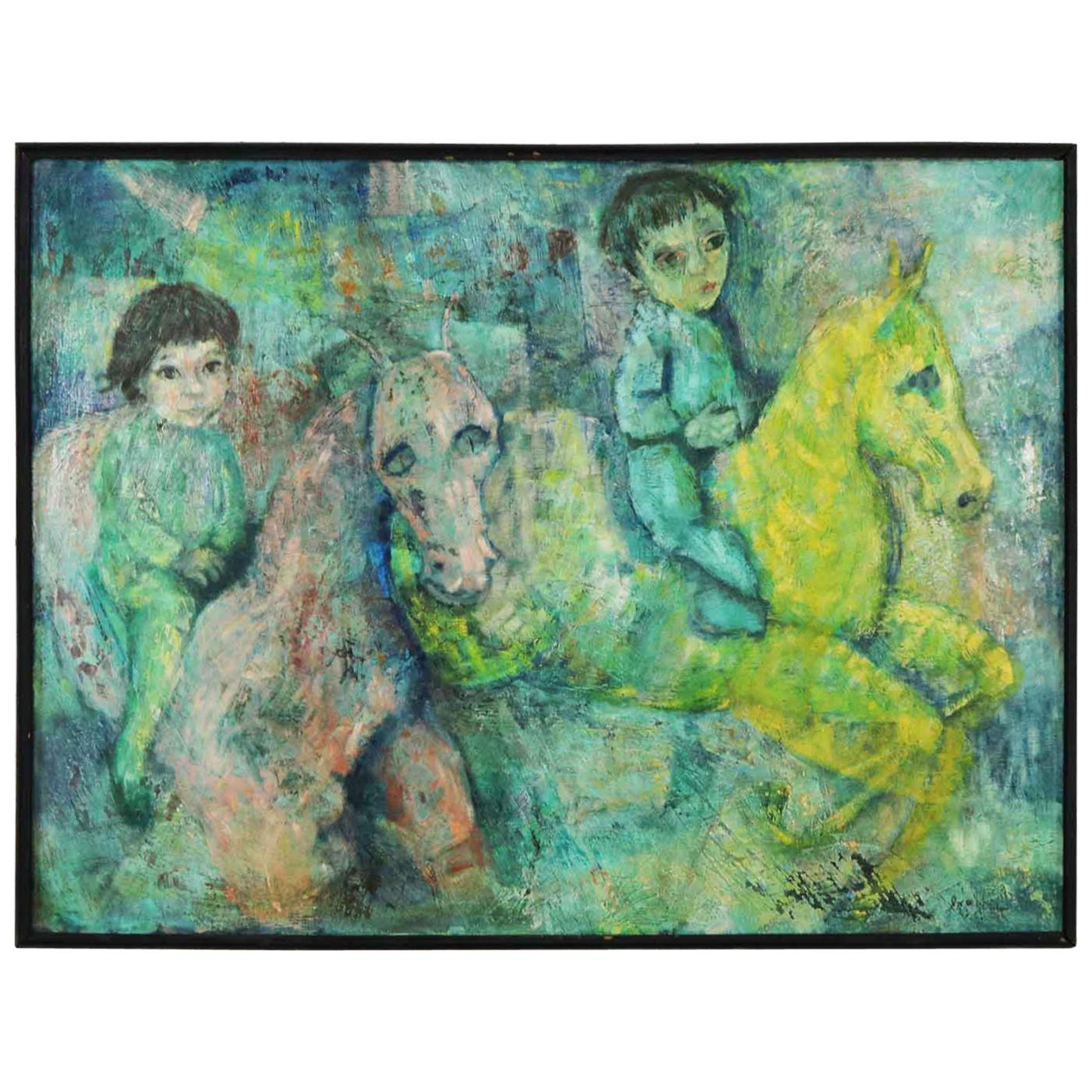 Vintage Impressionist Painting Children on Horseback by Brooks Woollcott Powell