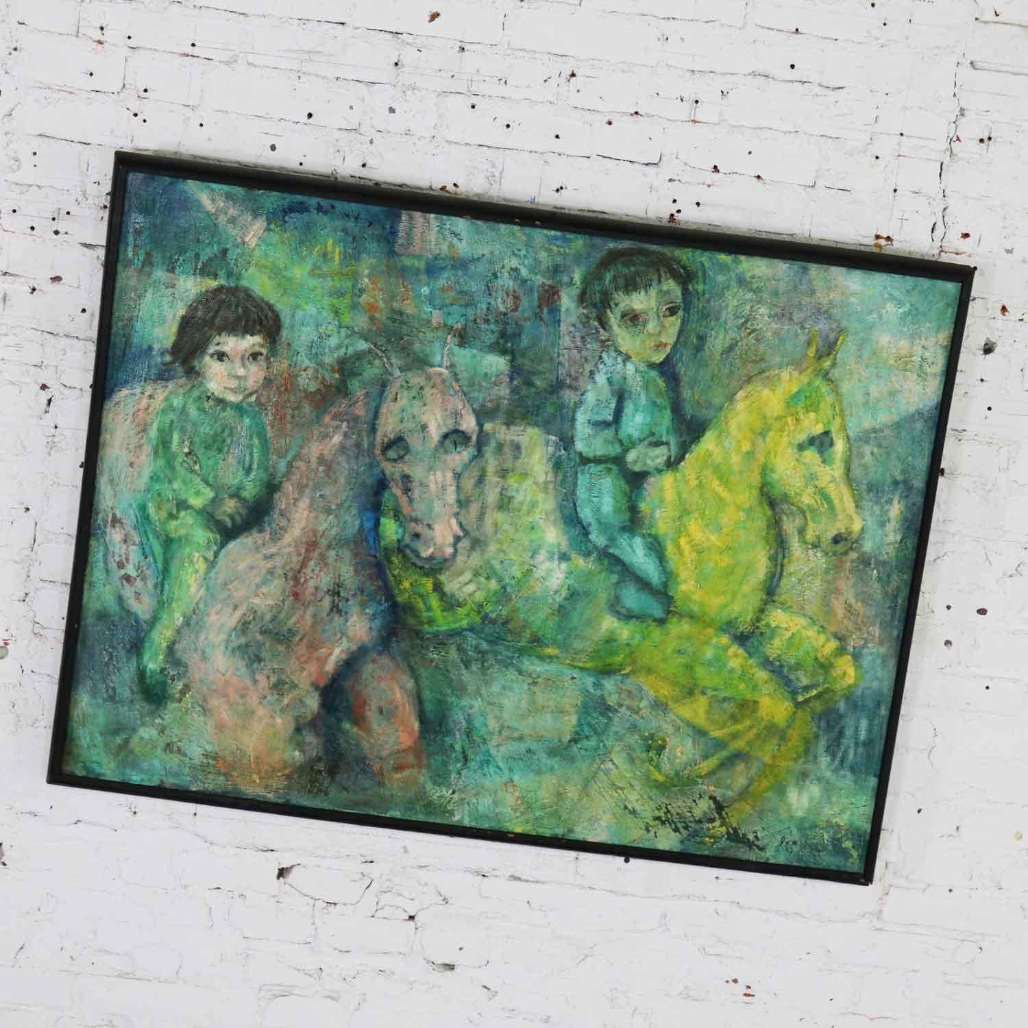 Incredible impressionist style painting on hardboard of children on horseback signed Brooks Woollcott (now Powell). It is in good original condition with its original black painted wood frame. We have stabilized the frame and added a new coat of
