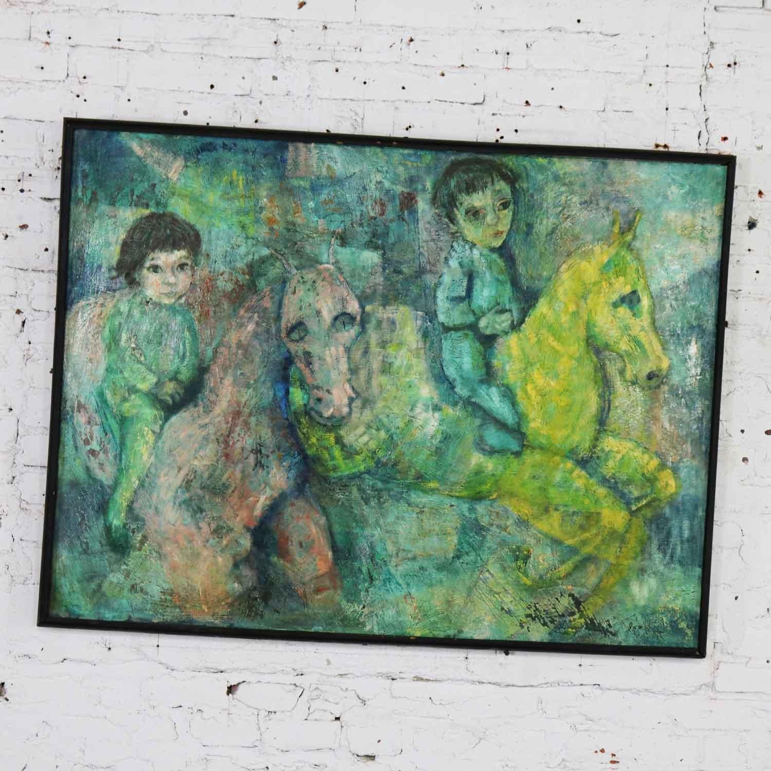 Vintage Impressionist Painting Children on Horseback by Brooks Woollcott Powell In Good Condition For Sale In Topeka, KS