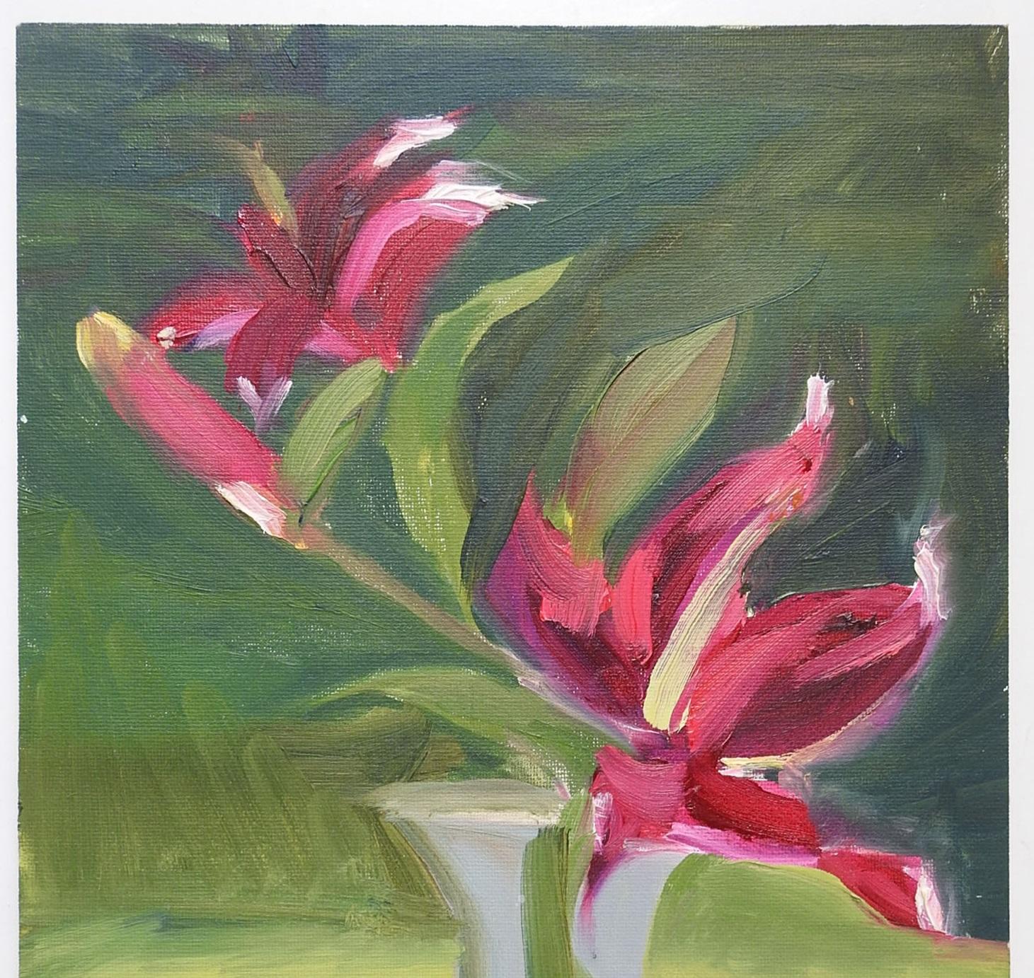 Américain Vieille peinture impressionniste Nature morte florale rouge et rose en vente