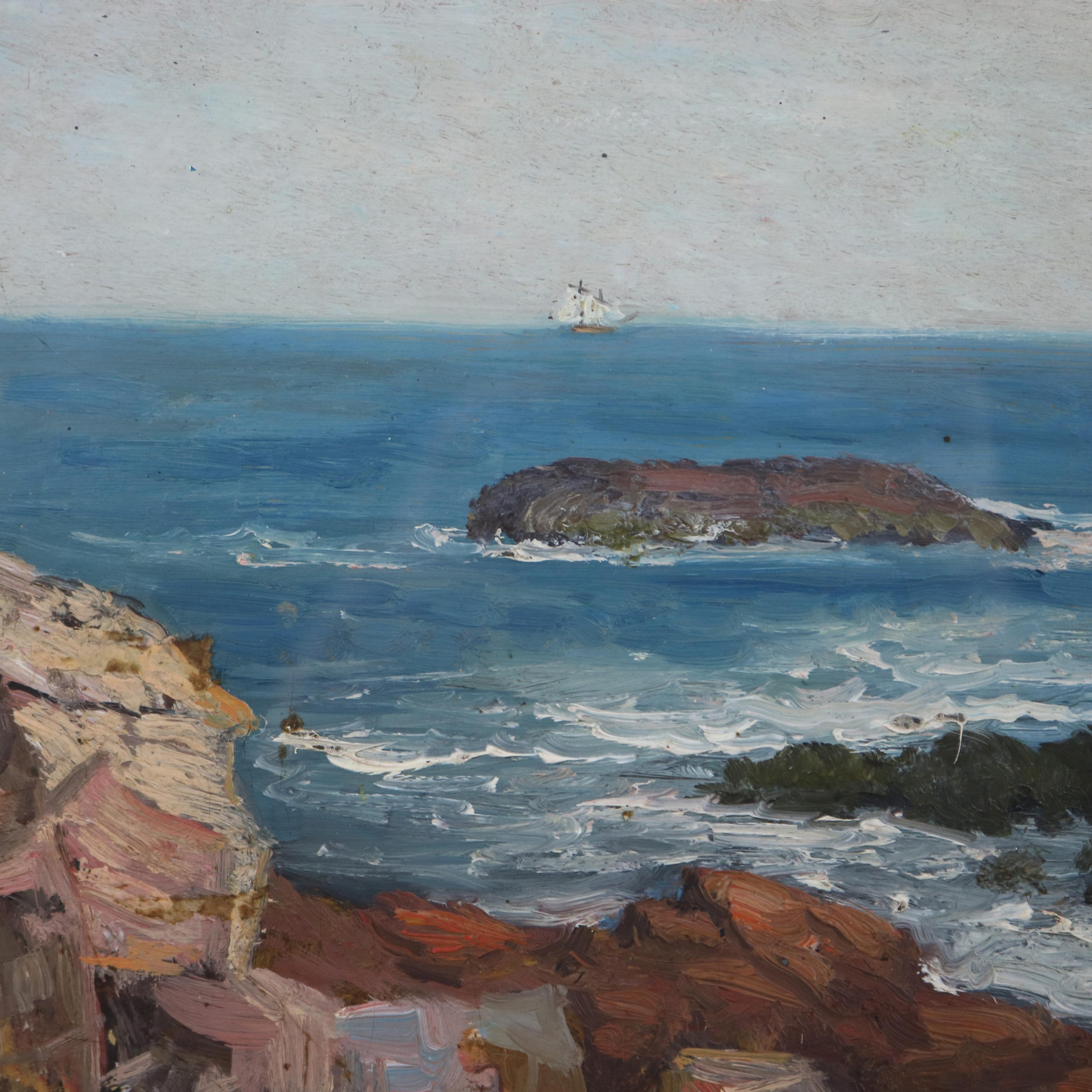 A vintage impressionist painting offers oil on artist panel seascape of a rocky shoreline, framed, c1930.

Measures: 14.25