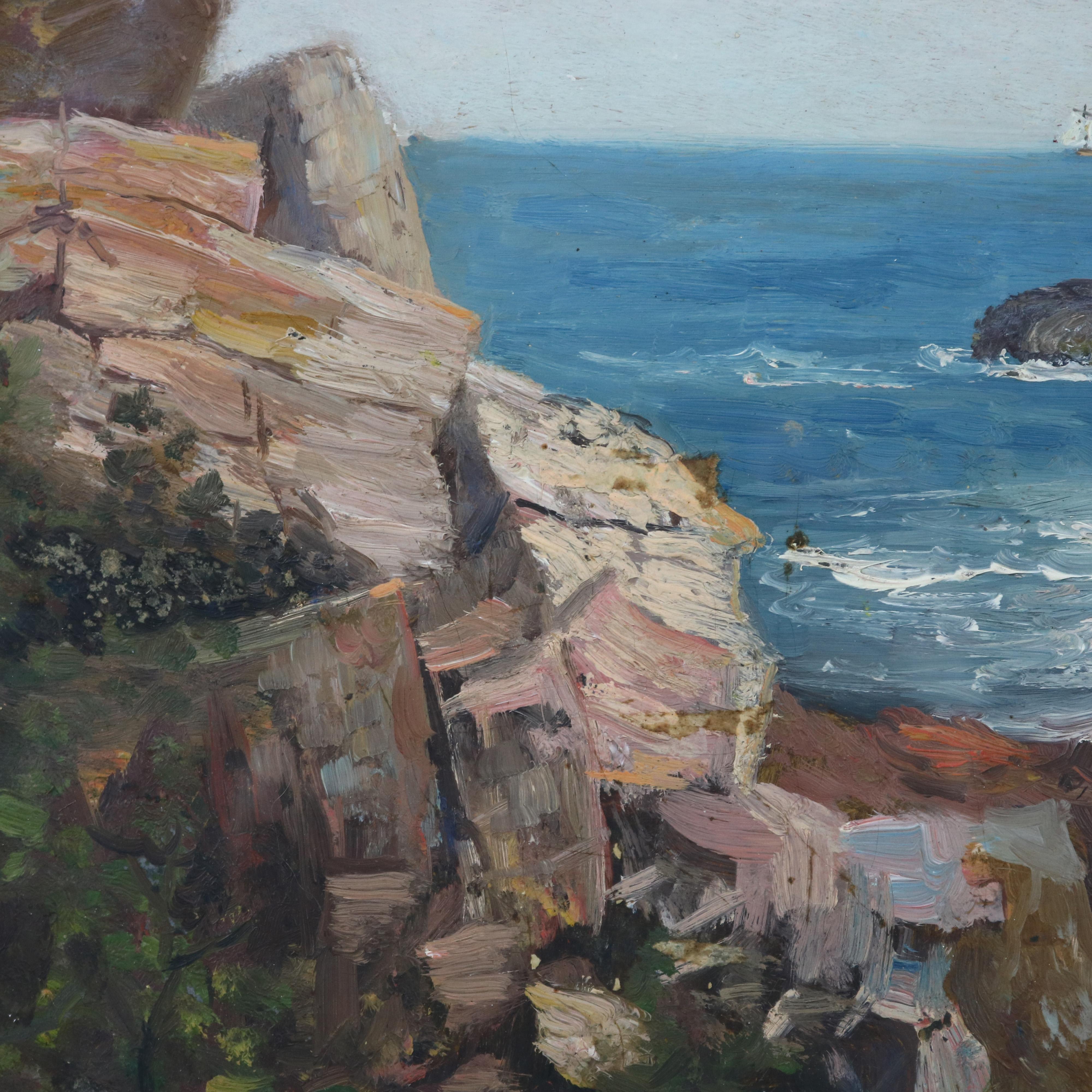 American Vintage Impressionist Seascape Painting on Board of Rocky Shoreline, Circa 1930