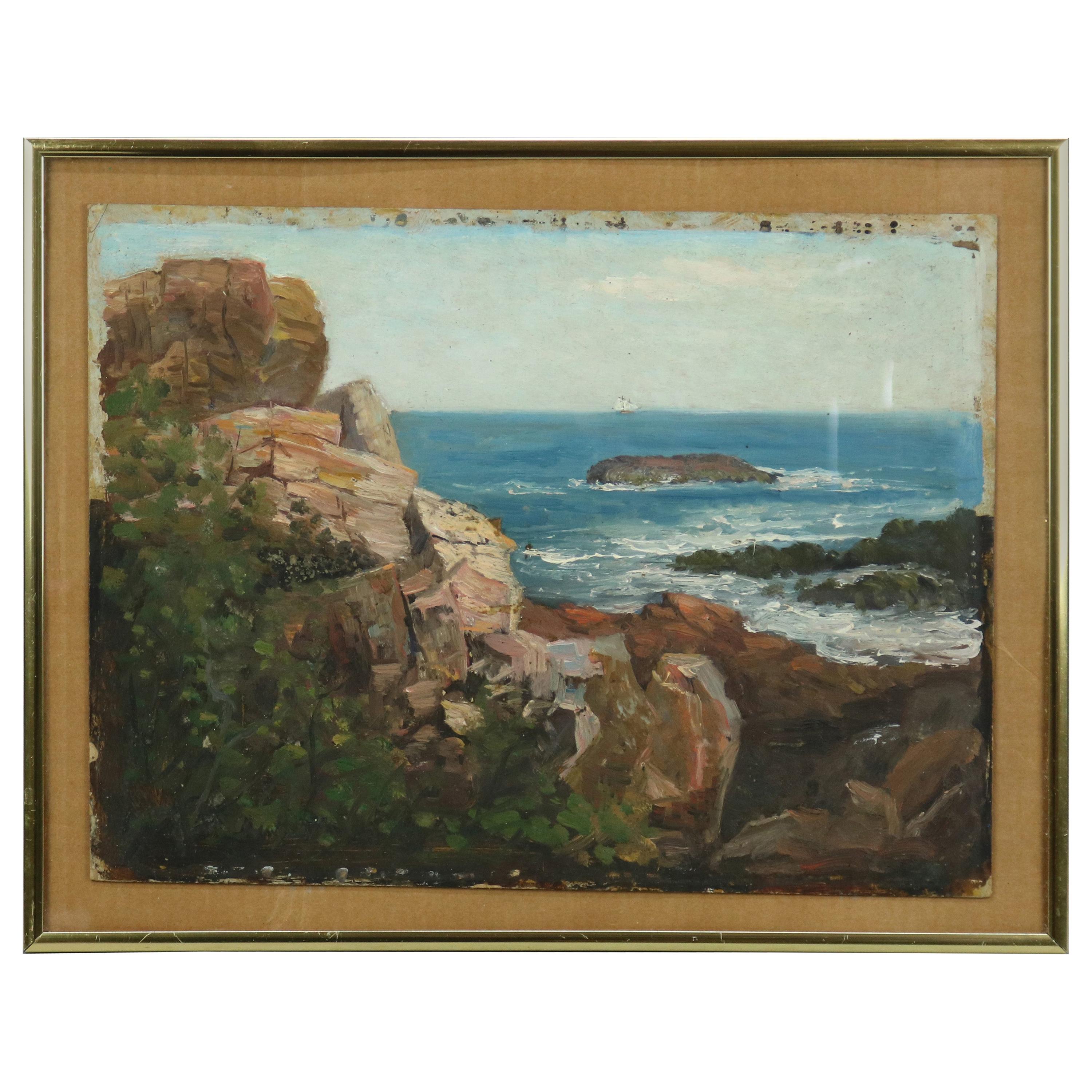Vintage Impressionist Seascape Painting on Board of Rocky Shoreline, Circa 1930