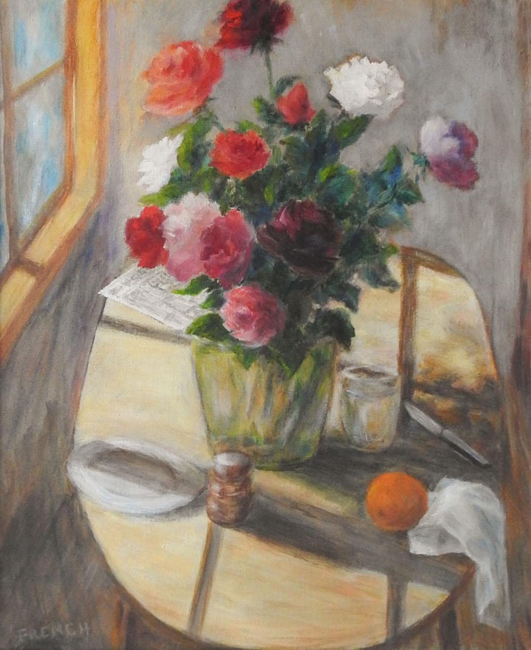 French Provincial Vintage Impressionist Still Life Roses in Window Painting