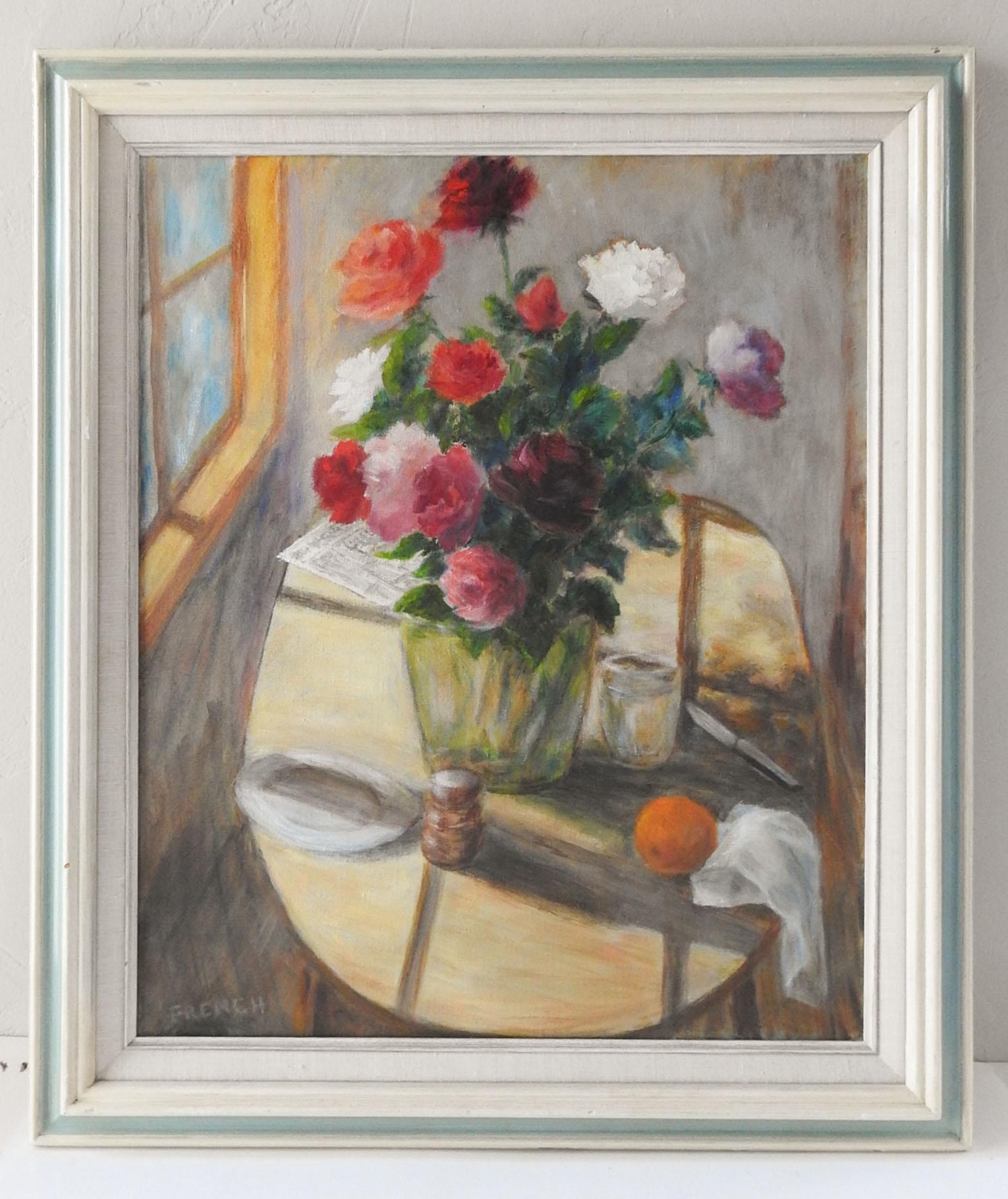 Unknown Vintage Impressionist Still Life Roses in Window Painting