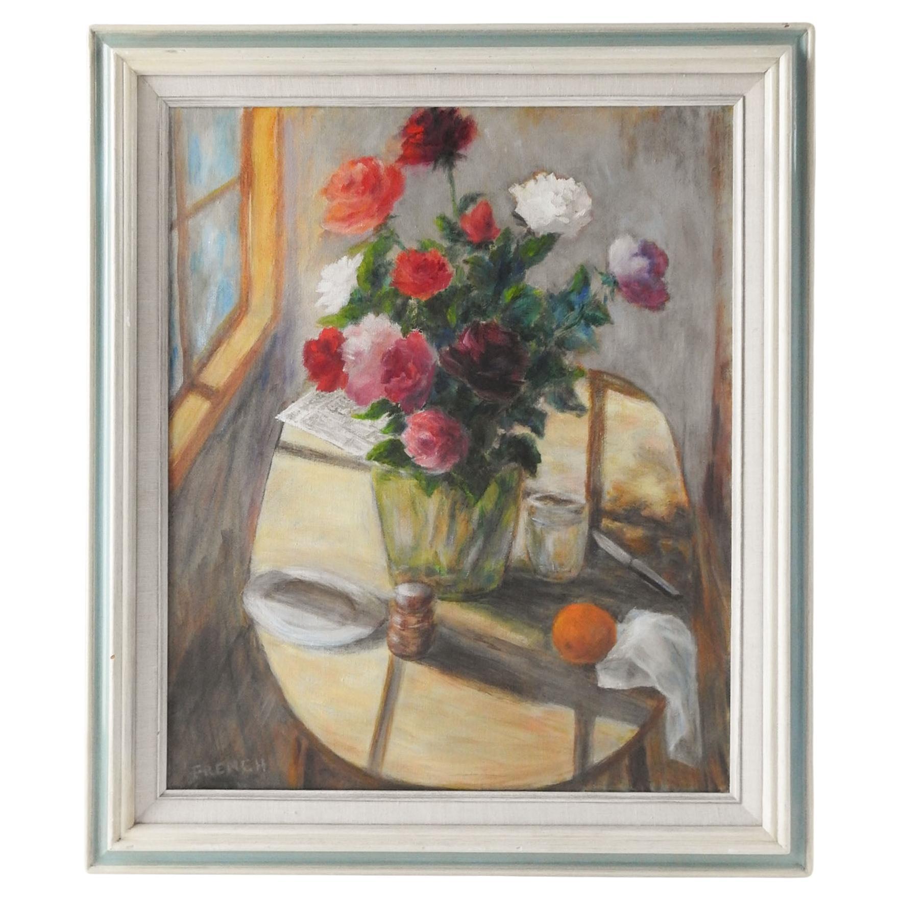 Vintage Impressionist Still Life Roses in Window Painting For Sale