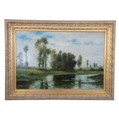 Vintage Impressionist Style Water Lily Pad Landscape Painting Oil on Canvas 44"