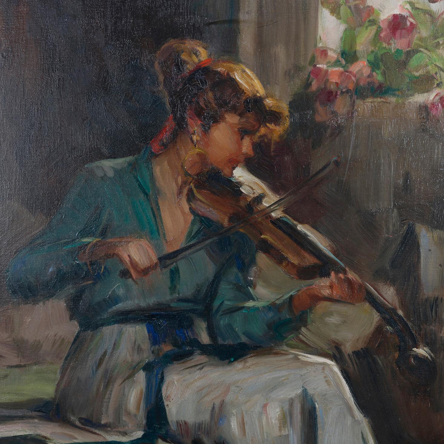 A vintage oil on canvas painting depicts interior scene of seated young woman musician playing the violin near window with flowers, artist signed as photographed, seated in giltwood frame, circa 1940

Measures: 28