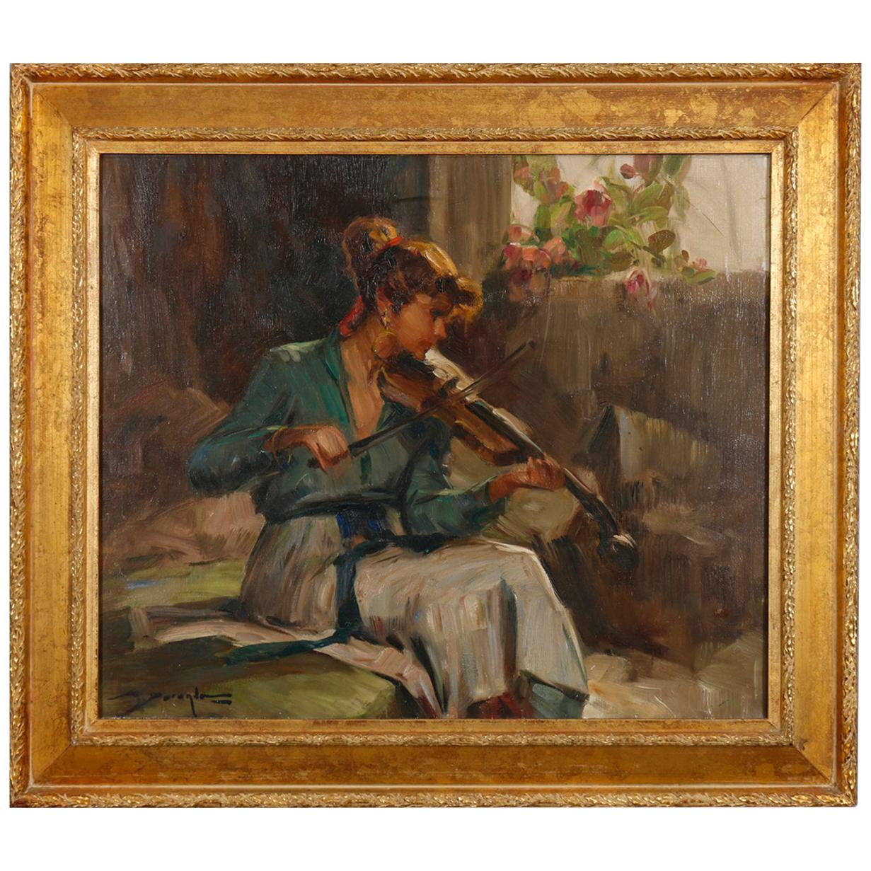 Vintage Impressionistic Oil on Canvas Painting of Violinist, Artist Signed