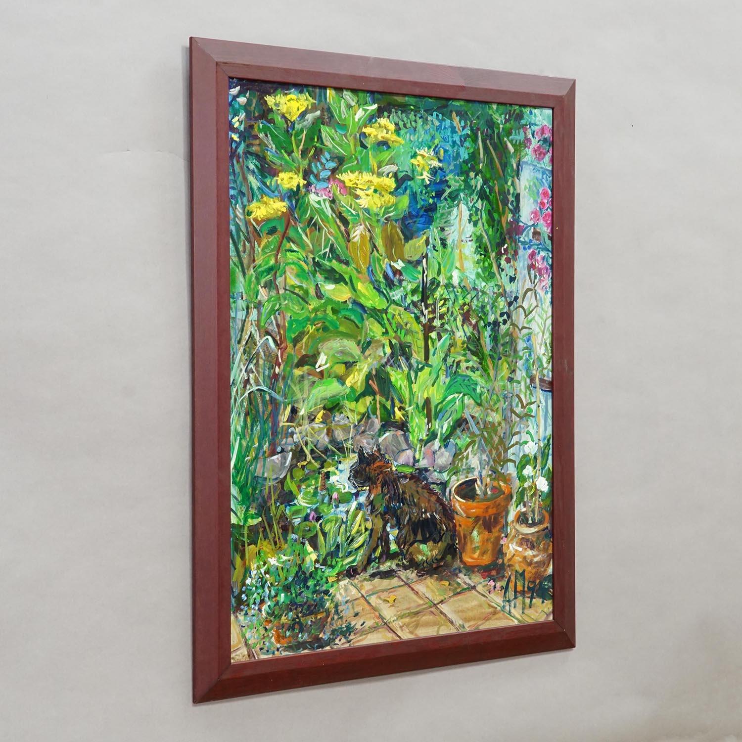 Pittura a olio impressionista d'epoca di uno scenario di giardino, Alexander Michael 1994

Un dipinto a olio incorniciato che raffigura una scena di giardino rigogliosa e vibrante, piena di verde e di piante fiorite. Al centro in basso del dipinto,